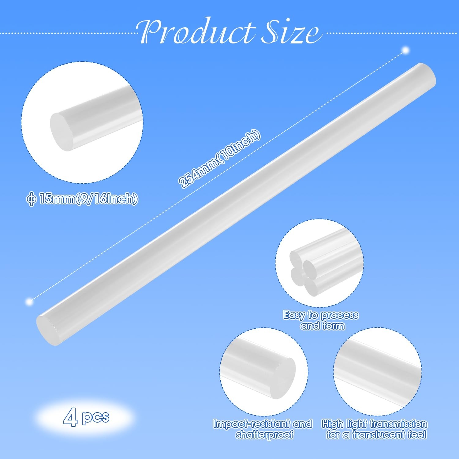 4 PCS Clear Acrylic Dowel Rods 9/16×10 Inch Plastic Sticks 15x254mm DIY Craft