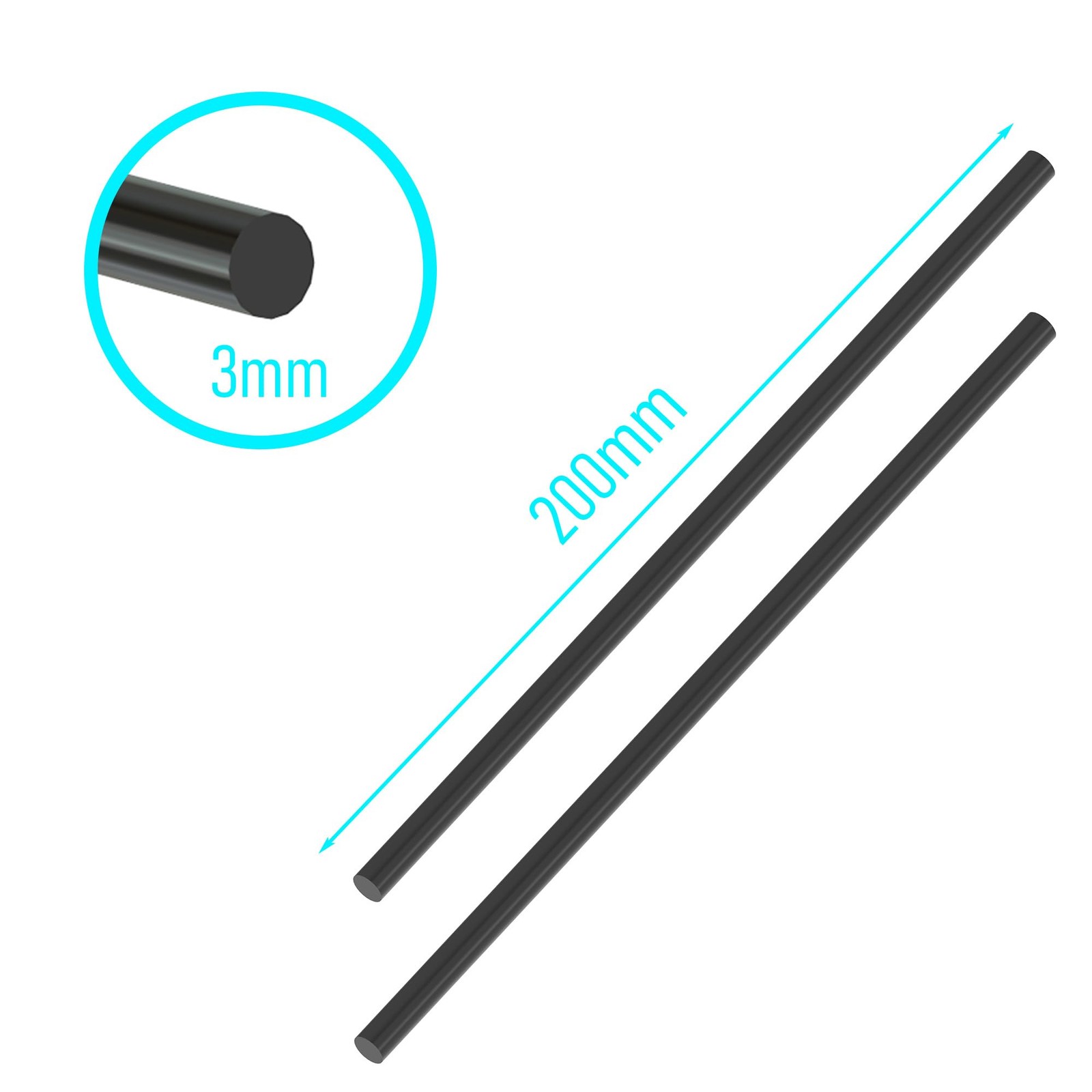 FOCMKEAS 5Pcs Carbon Fiber Rod, 3mm x 200mm Solid x 200mm-5PC, black