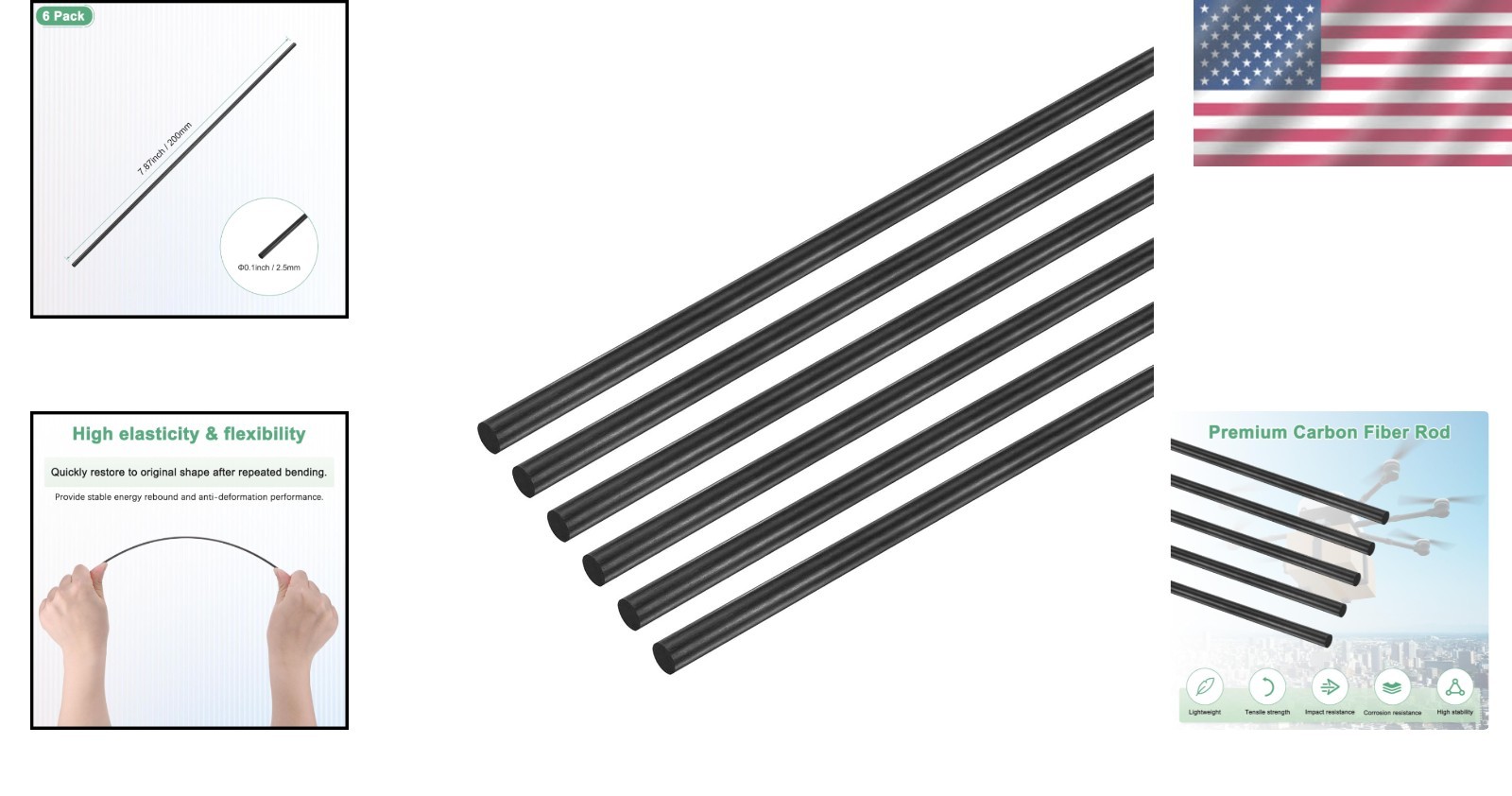 200mm by 2.5mm Carbon Fiber Rods – 6 Pack Matte Black for DIY Projects & RC Uses