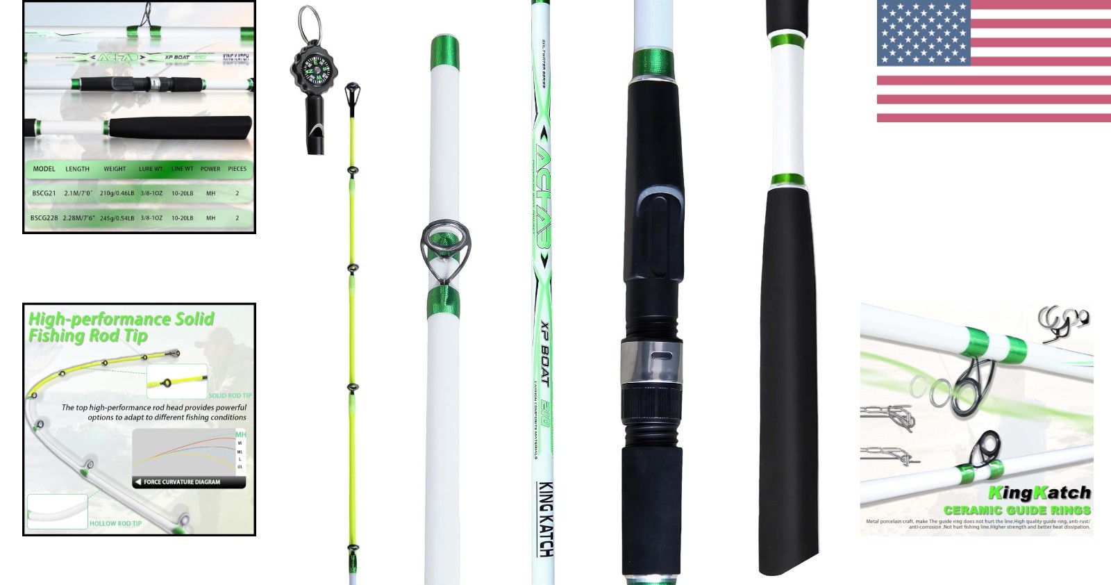 7’0″ White & Green Spinning Fishing Rod, Carbon Graphite Boat & Inshore Rod, …