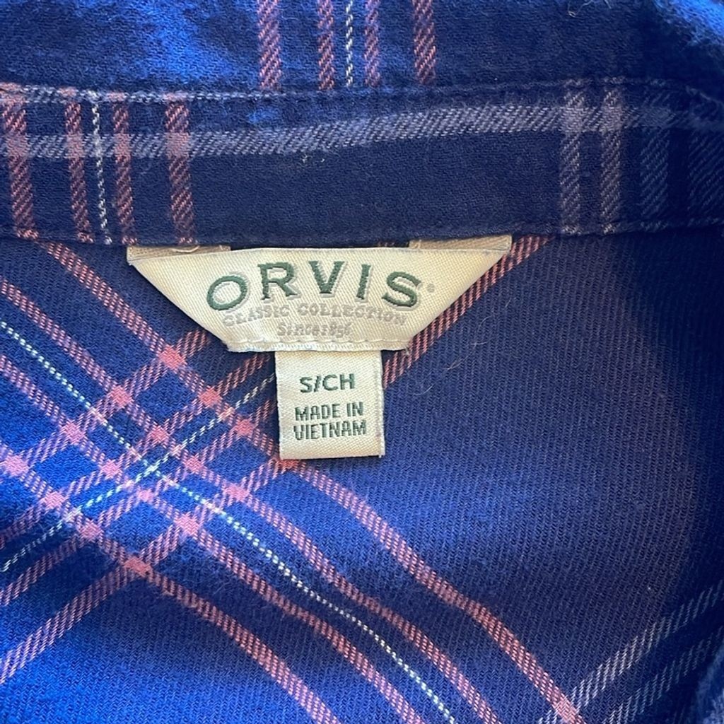 Orvis Women’s Navy Plaid Logan Stretch Flannel Size S Button Up Shirt Gorpcore