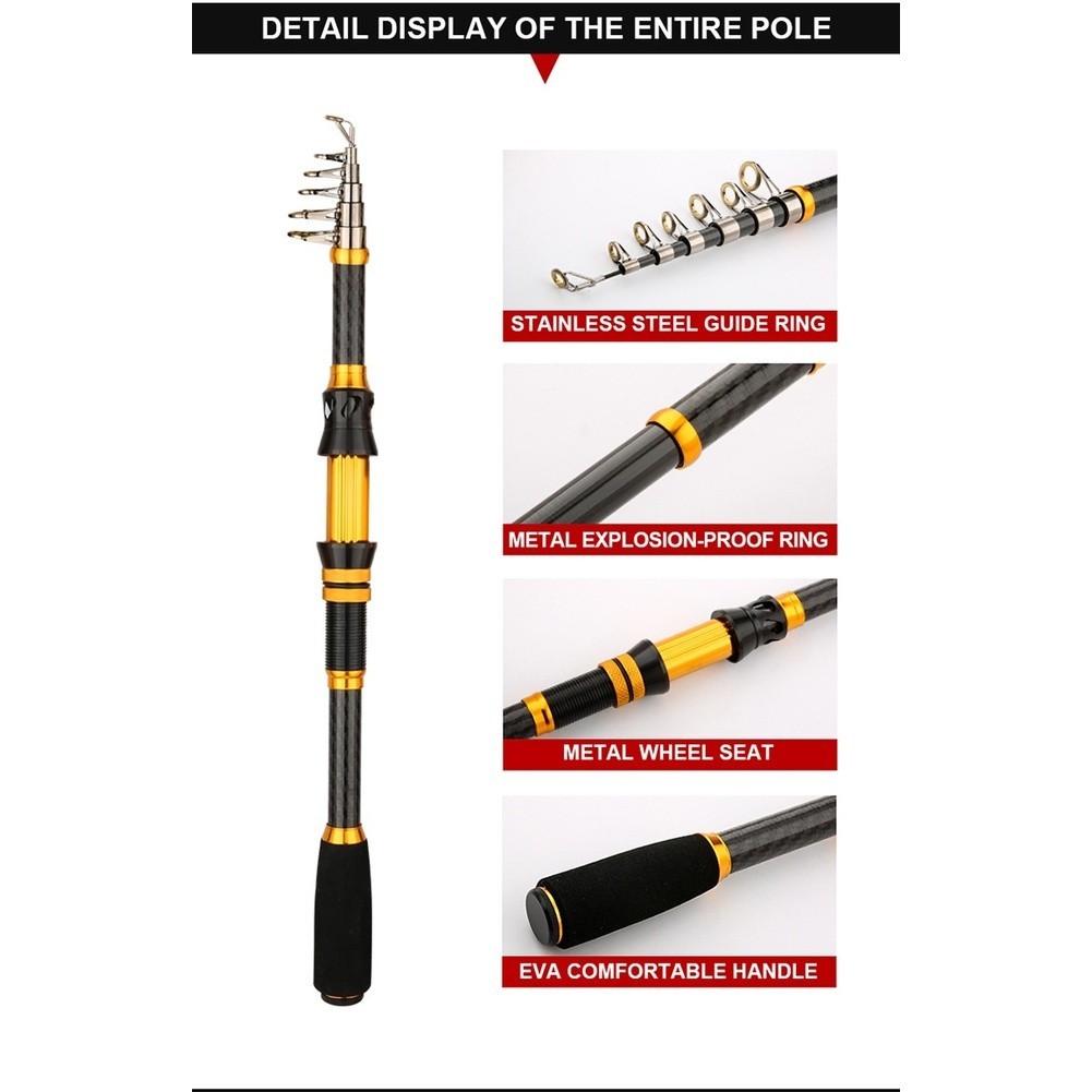 Black Gold Carbon Telescopic Sea Fishing Rod Hard Action Casting Pole 1.8M 2.1M