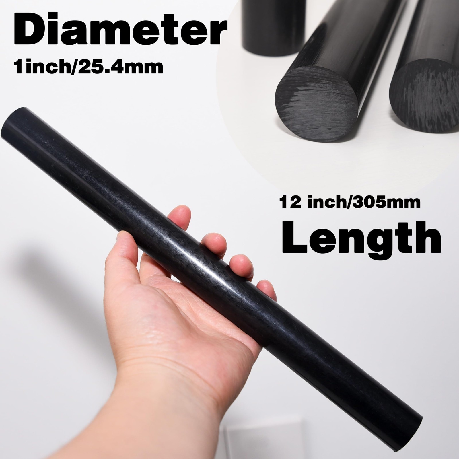 3 PCS Round Acetal Copolymer Rods 1 Inch x 12 Inch Black POM-C Plastic Bar