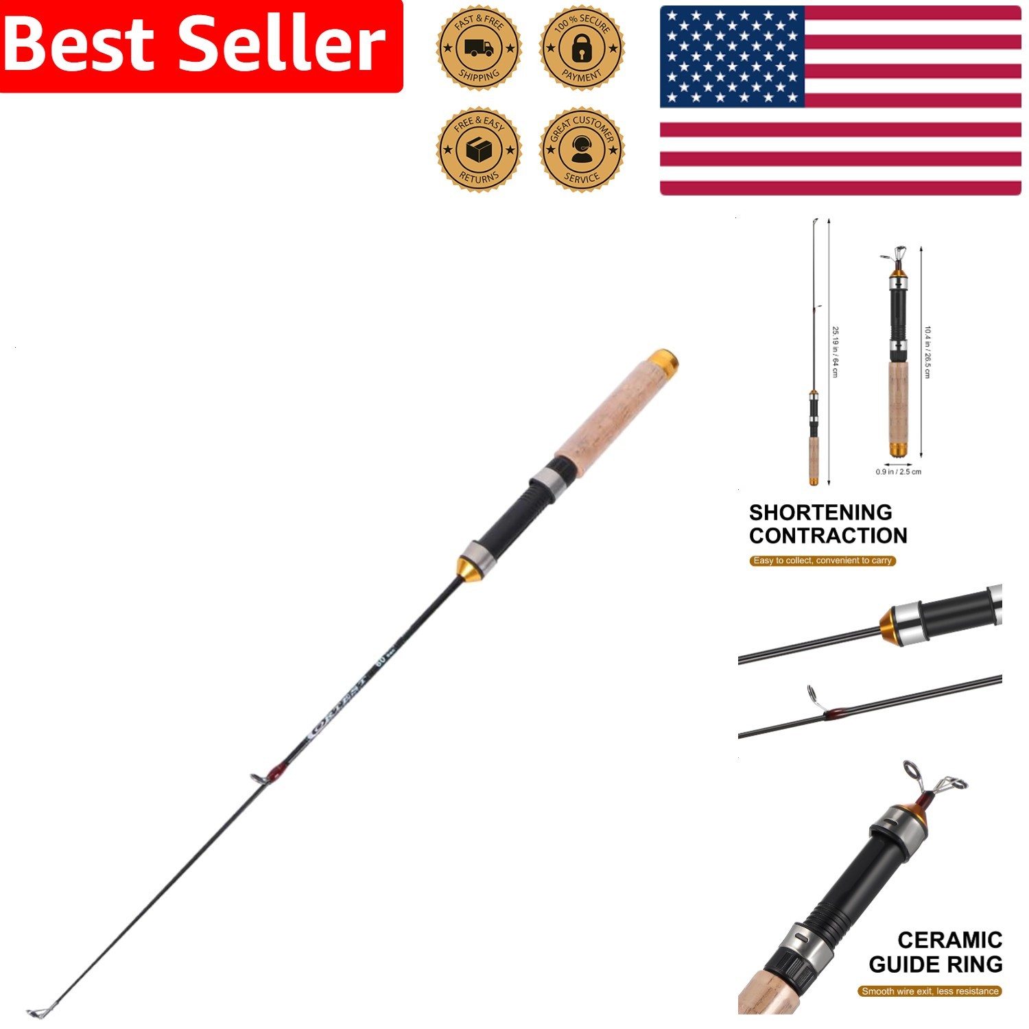 Compact Fishing Rod Ultra-Light Carbon 25-inch Telescopic Cork Handle Bass