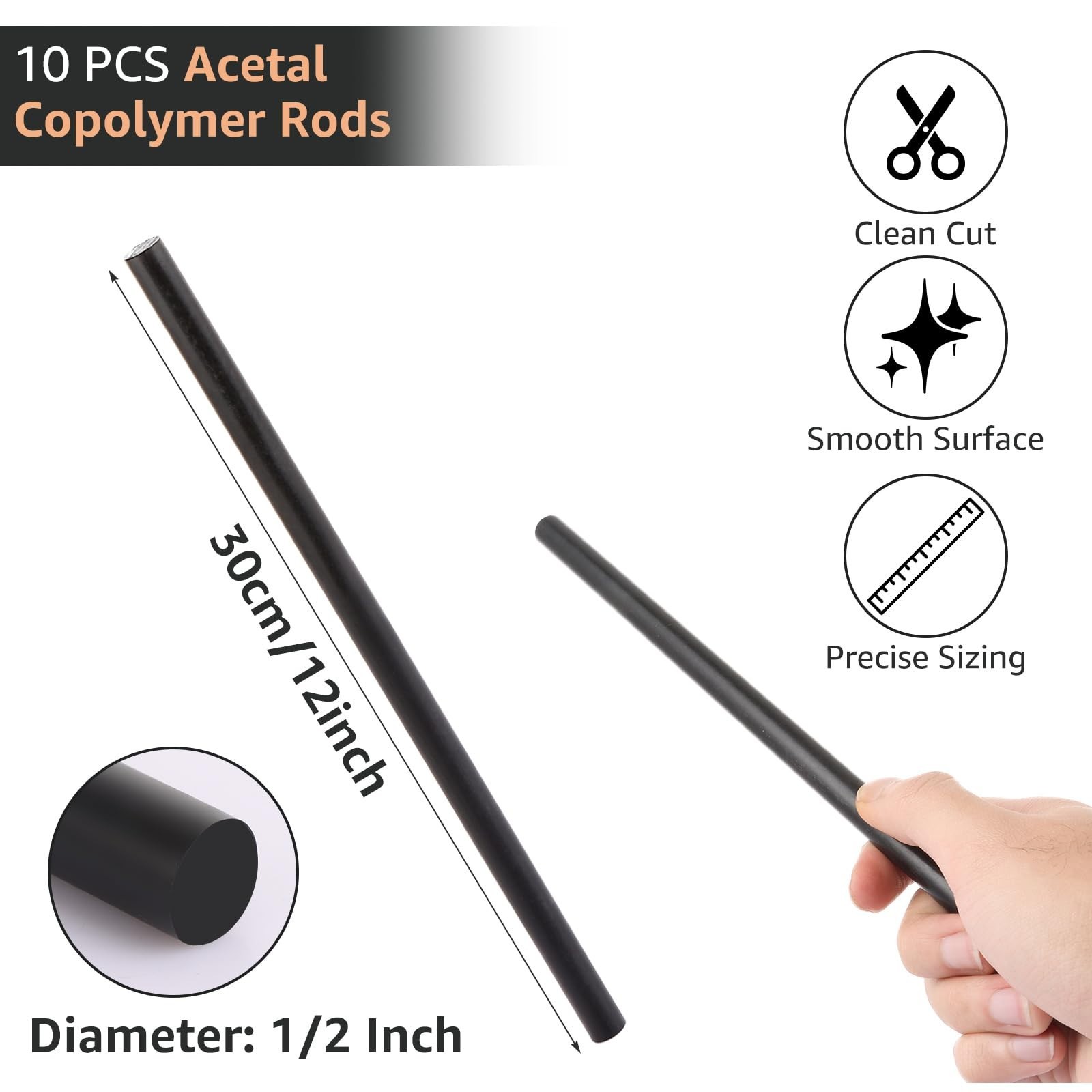 10 PCS Black Acetal Copolymer Rods 1/2″ Diameter x 12″ Length – Non-Marring Plas