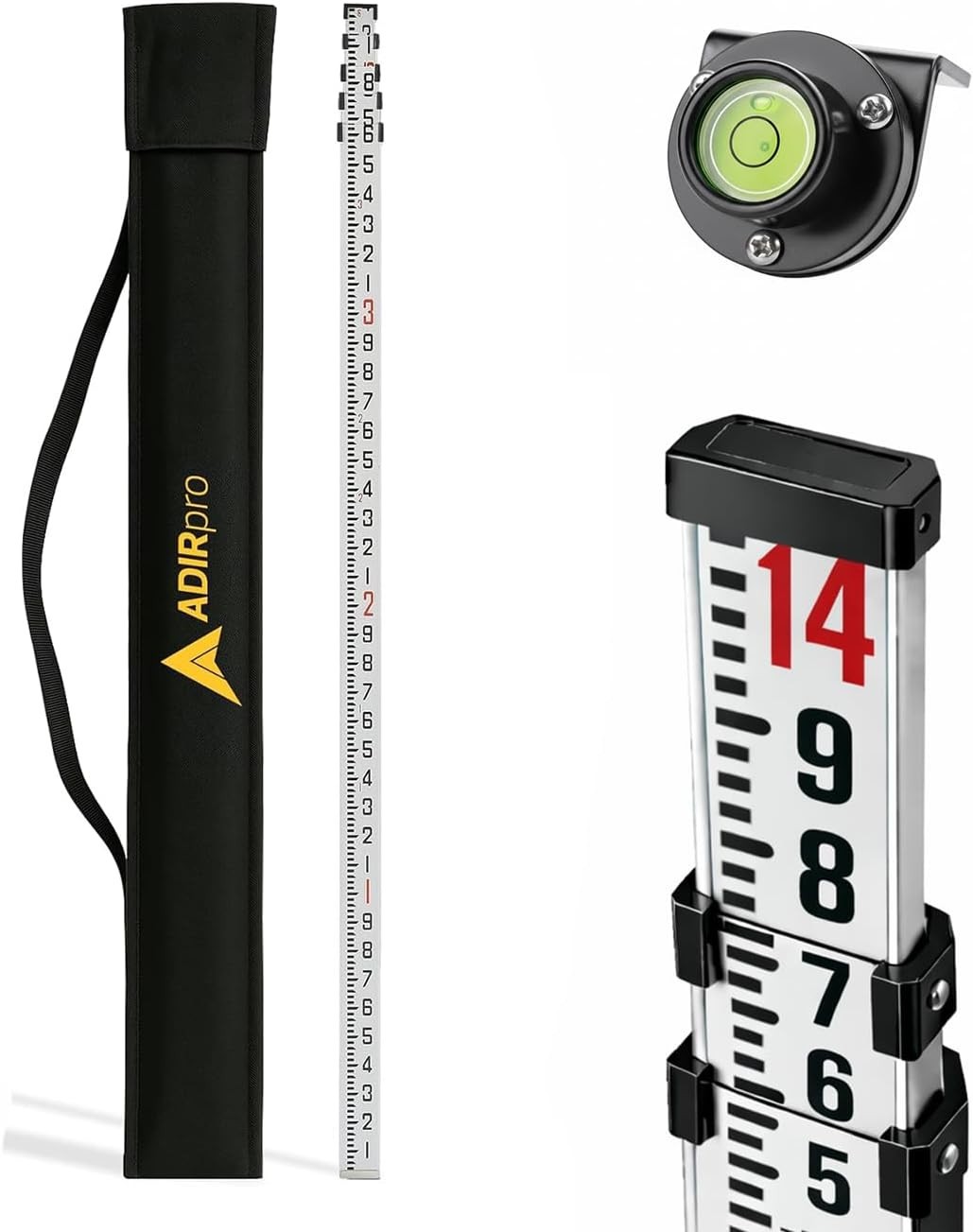 Extendable 14 ft Aluminum Grade Rod | Clear Dual Graduations & Soft Carrying Bag