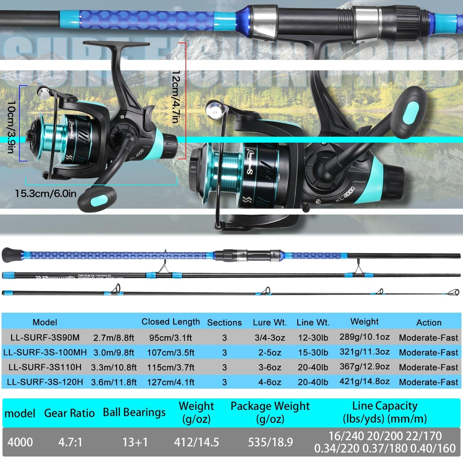 Sougayilang 3 Piece Baitfeeder Combo Surf Fishing Rod Combo Medium/Heavy Trav…