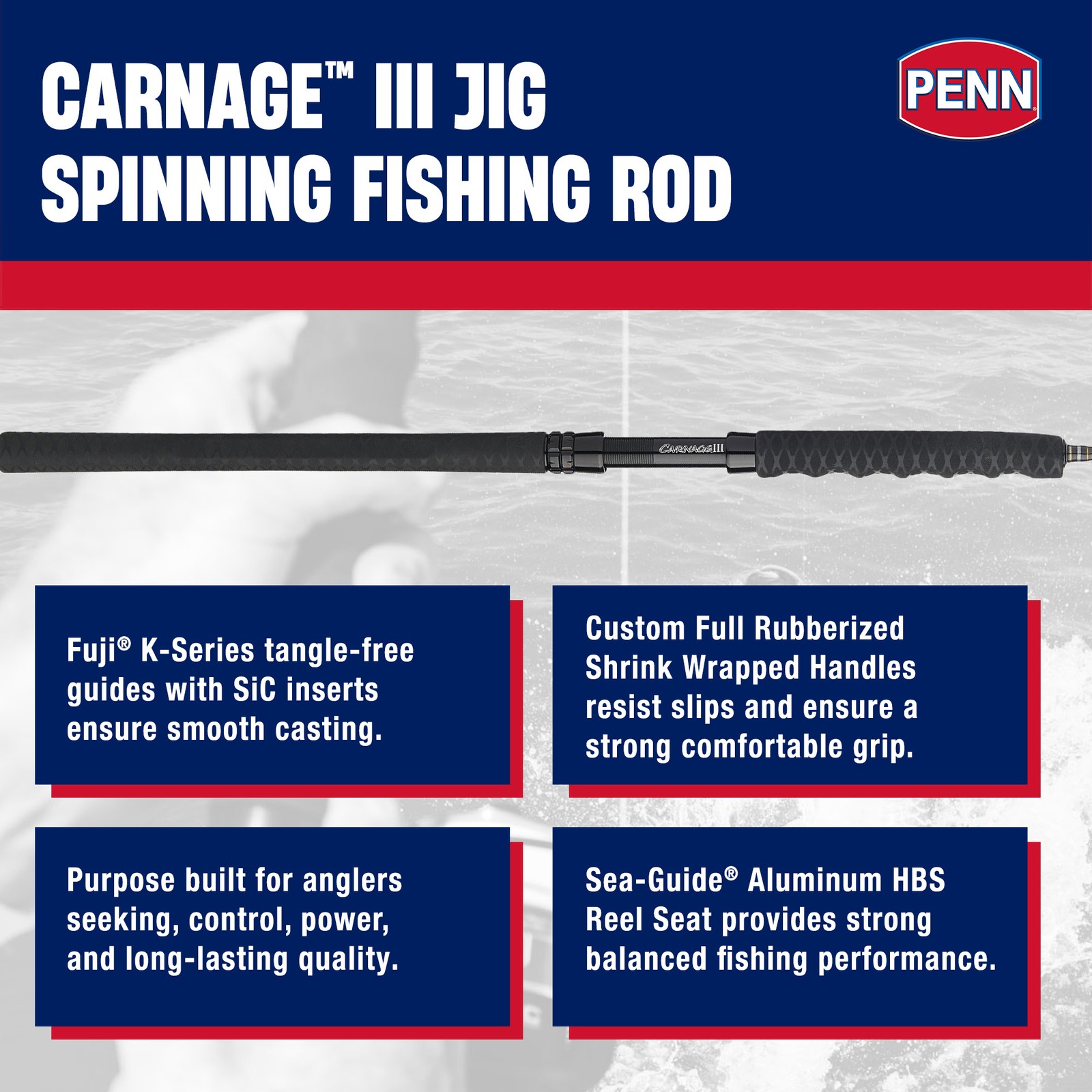 Penn Carnage III Spinning Jigging Rod, 6’6″ Length Fishing Pole, Medium Power