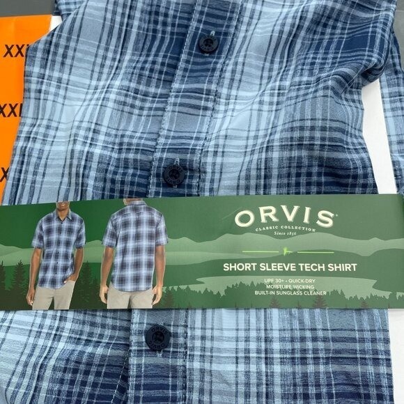 NEW Orvis Men’s XL Short Sleeve Tech Shirt Blue Plaid Outdoor UPF 30