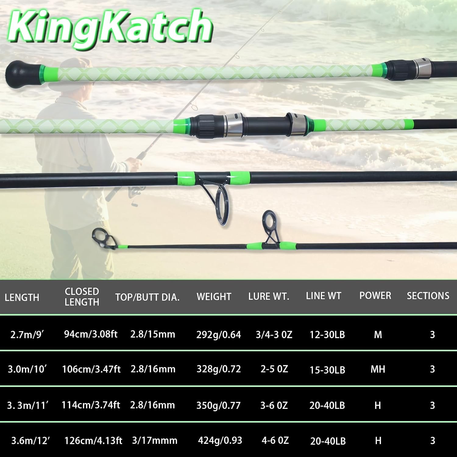 Surf Spinning Fishing Rod 9’/10’/11’/12′ 3-Piece Carbon Fiber Saltwater Rod W/ 2