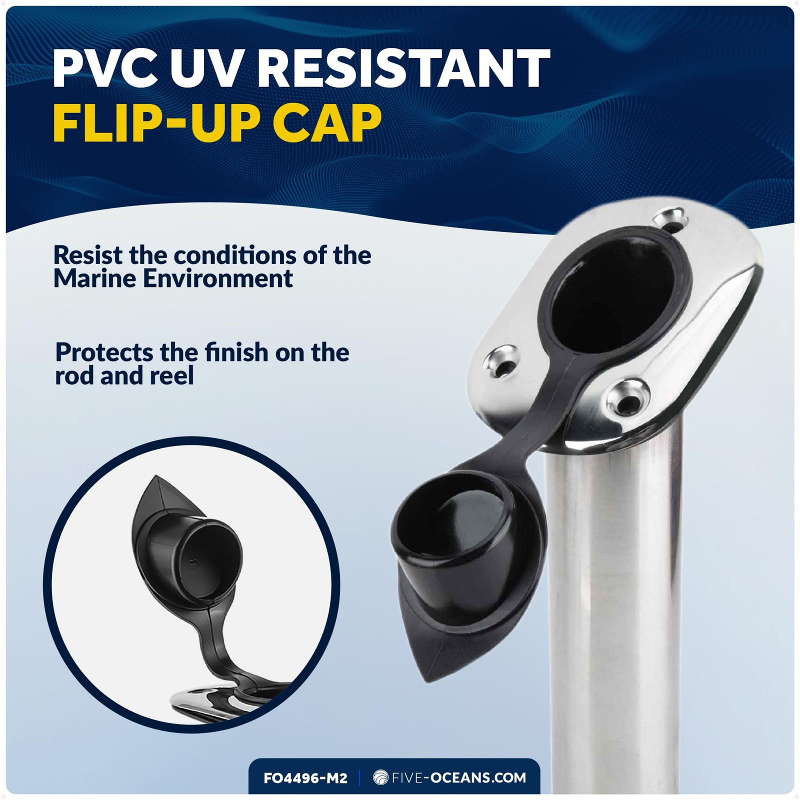 Five Oceans Stainless Steel Flush-Mount Fishing Rod Holder 15-Degree Top Flange