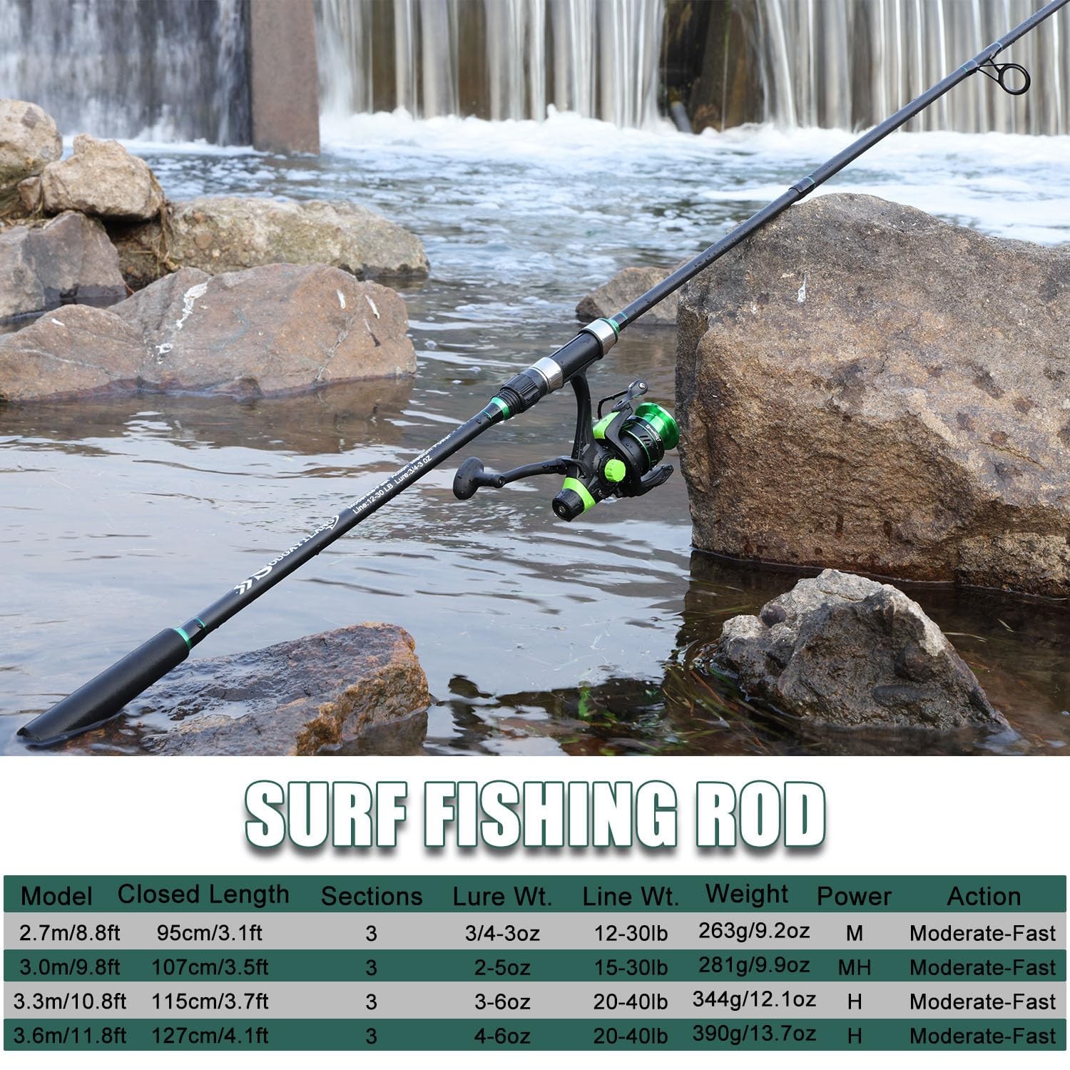 Sougayilang Surf Fishing Rod IM8 Carbon 3 Piece Travel Spinning 11’0″, Black