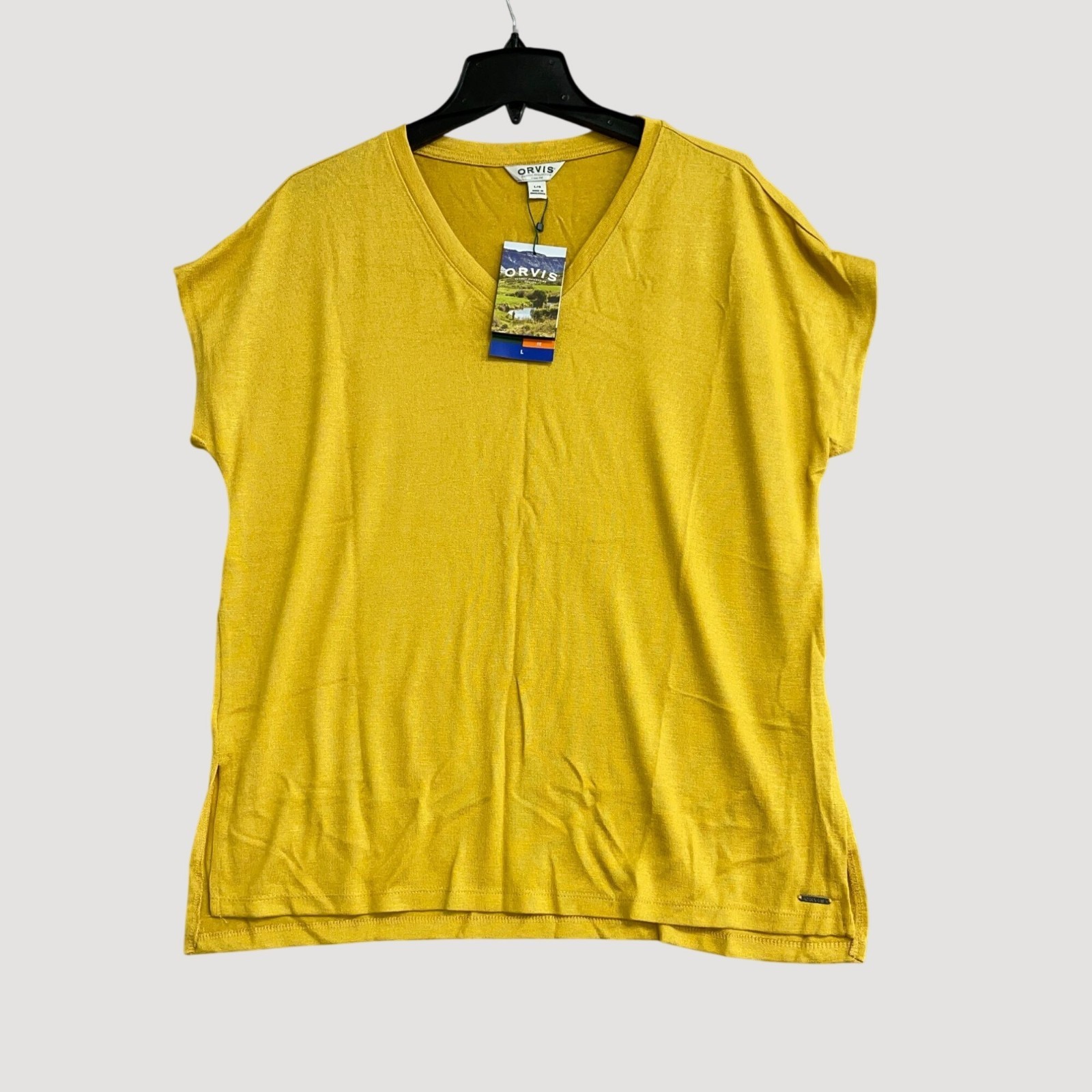 Orvis Women’s L Yellow V-Neck Short Sleeve Top Polyester Blend P0373