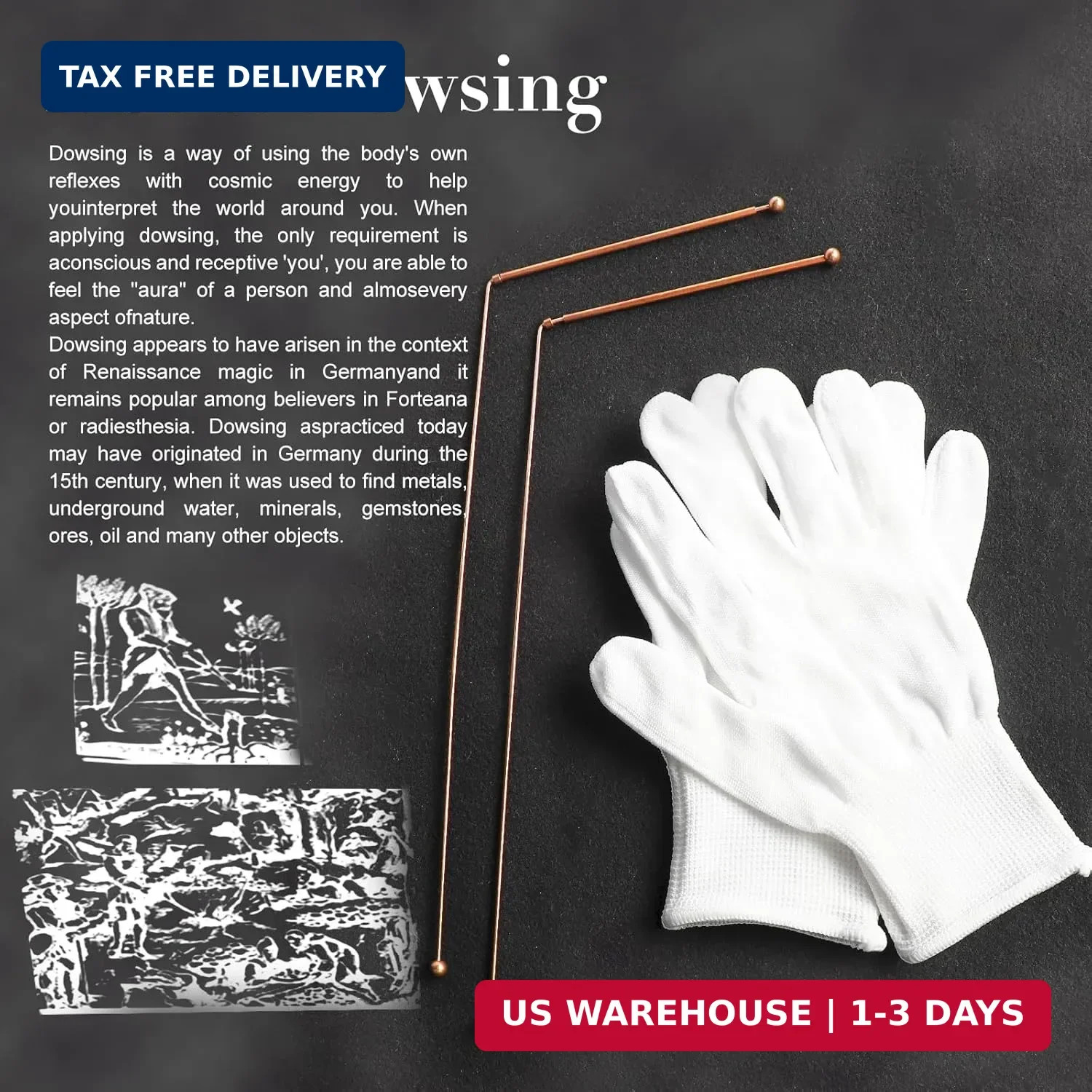 Copper Dowsing Rods – 2PCS Divining Rods+Gloves for Ghost Hunting Tools, Divinin
