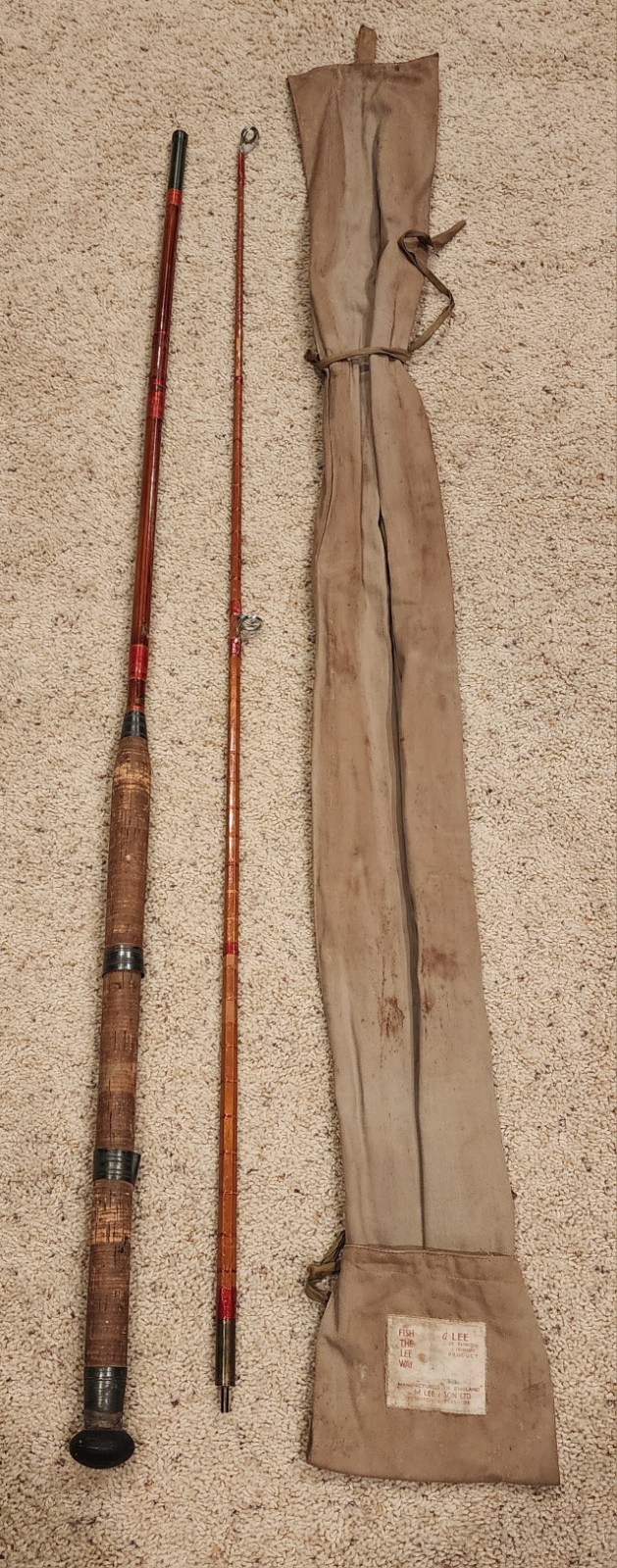 Vintage England Lee of Redditch & Pershone Bamboo Boat Surf Fishing Rod – 8′ 2″