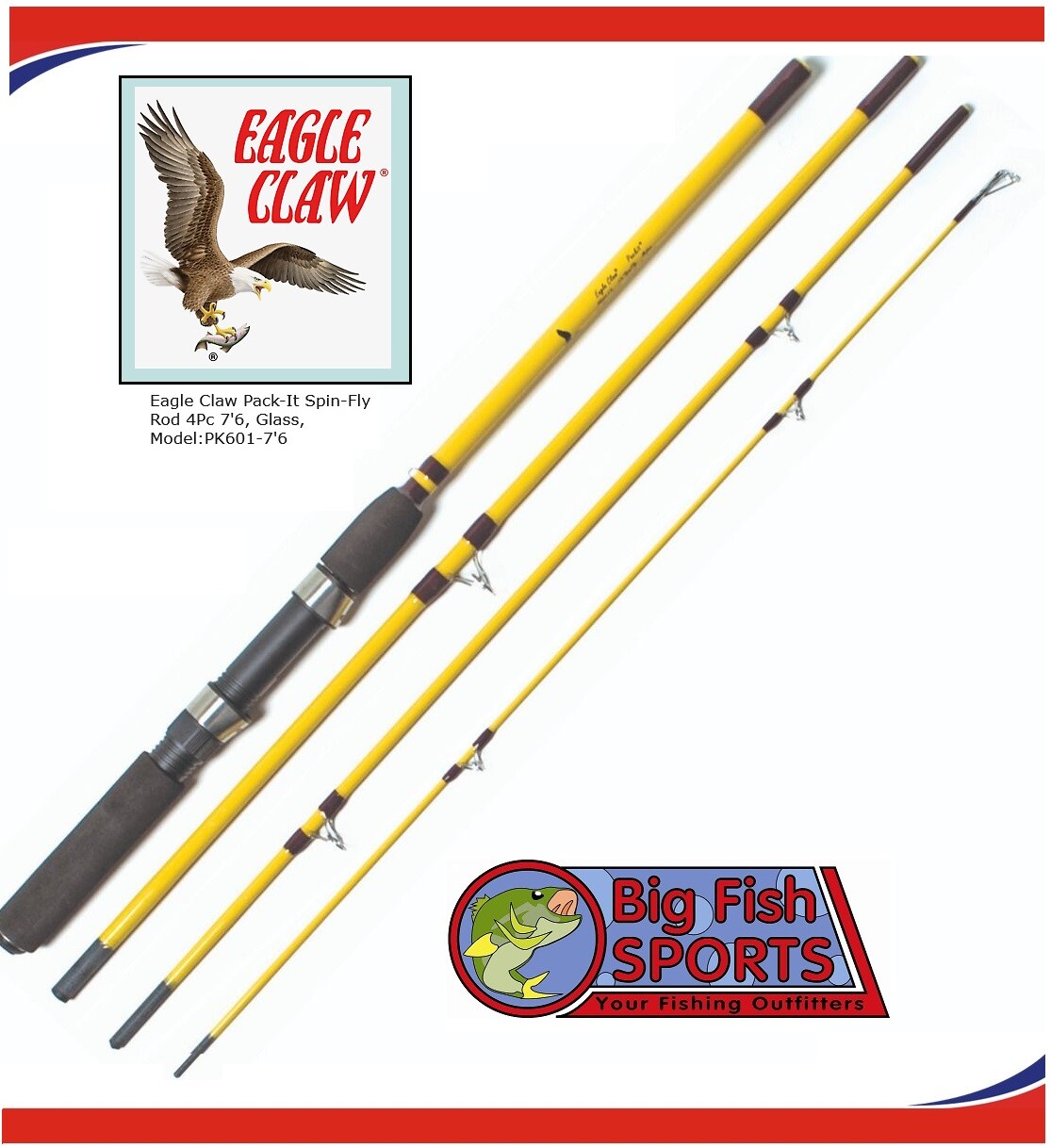 EAGLE CLAW Pack It Rod Spin /Fly 7’6″ 4Pc Medium #PK601-76 FREE USA SHIPPING!