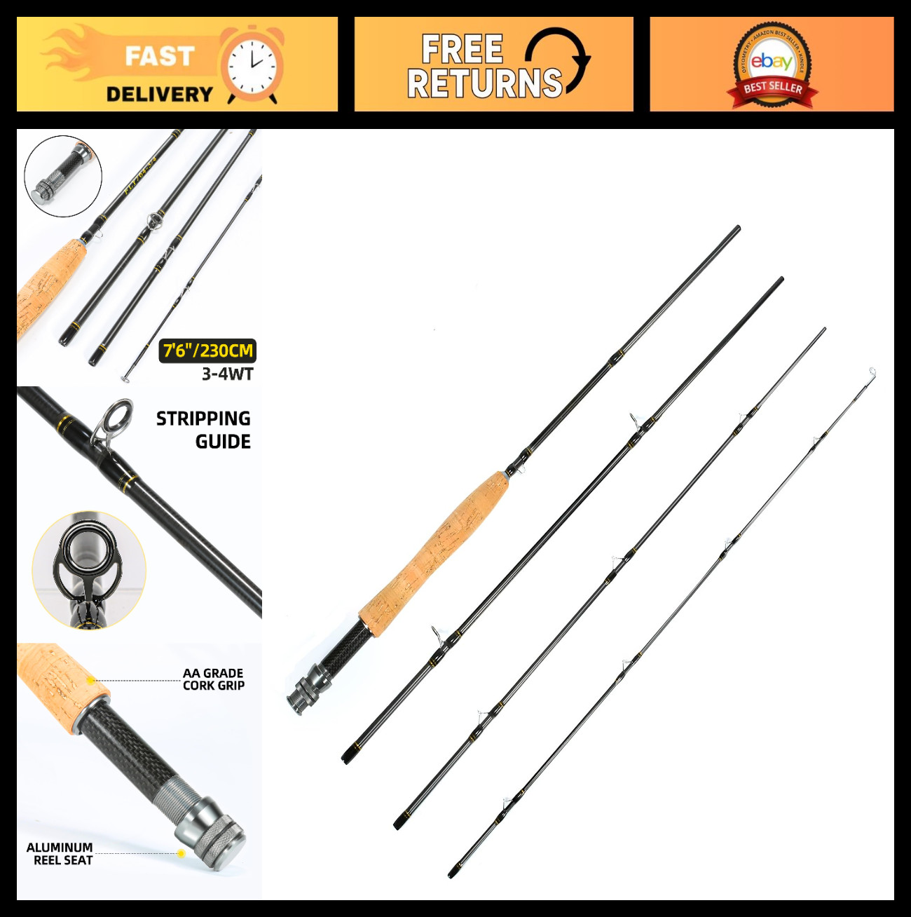 Portable Carbon Fiber Fly Fishing Rod 4 Pieces, Lightweight Fast Action 6’8″ 2-3