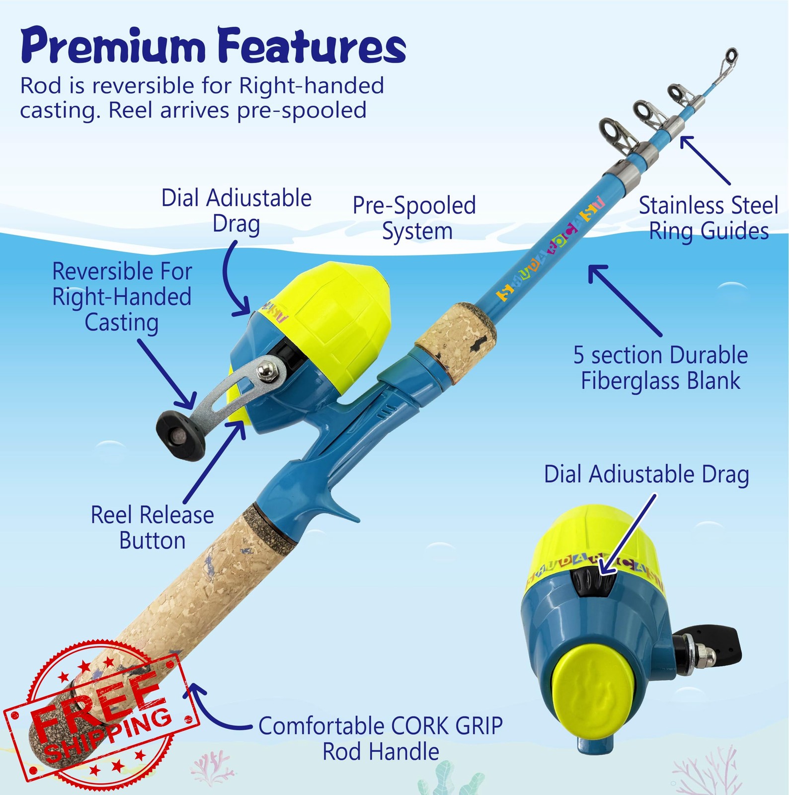 shudarocast Blue 1.5m Kids Fishing Rod Set