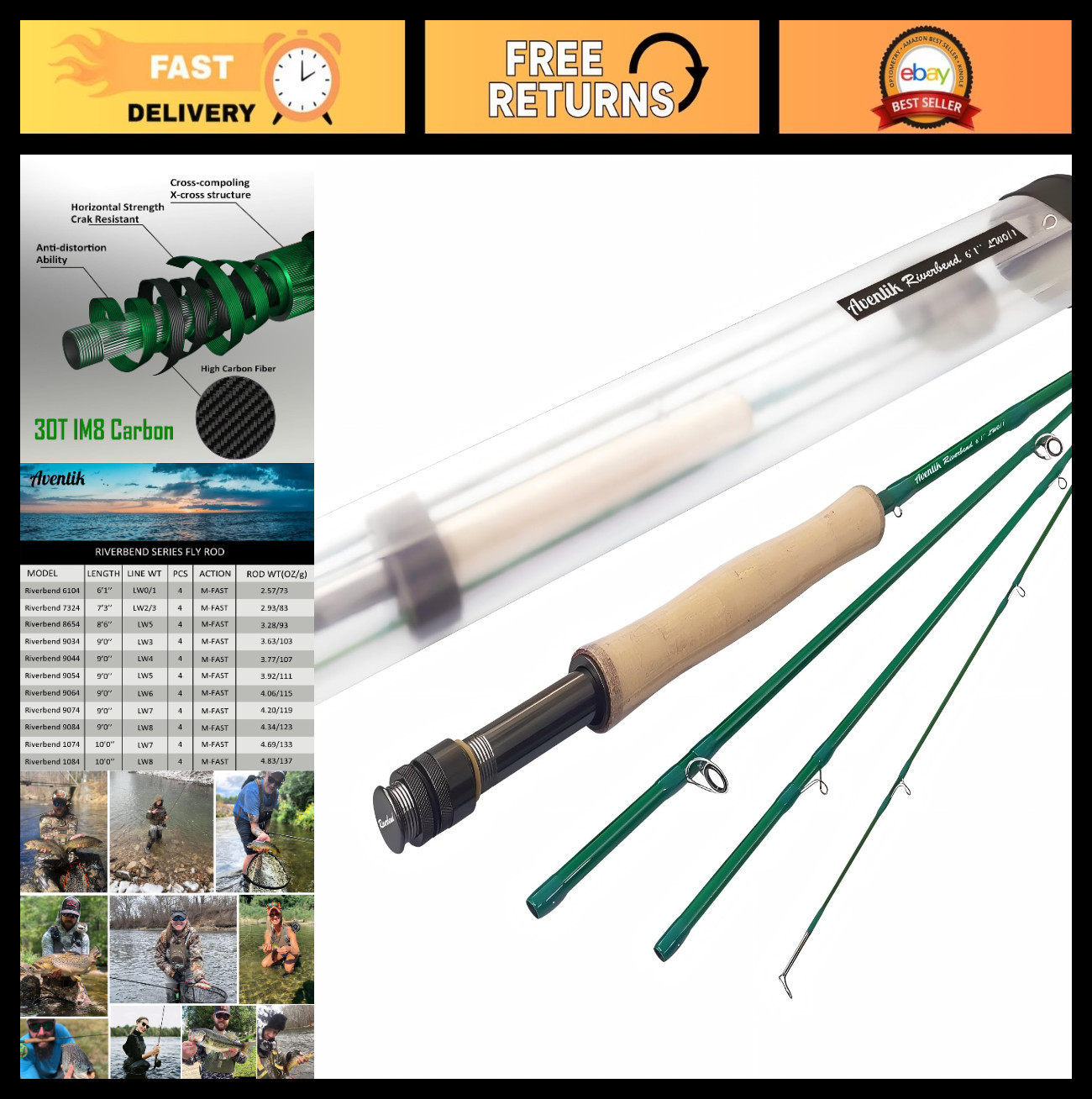 Lightweight IM8 Graphite Fly Fishing Rods 0-8wt, 6-10ft, Medium Fast Action, Riv