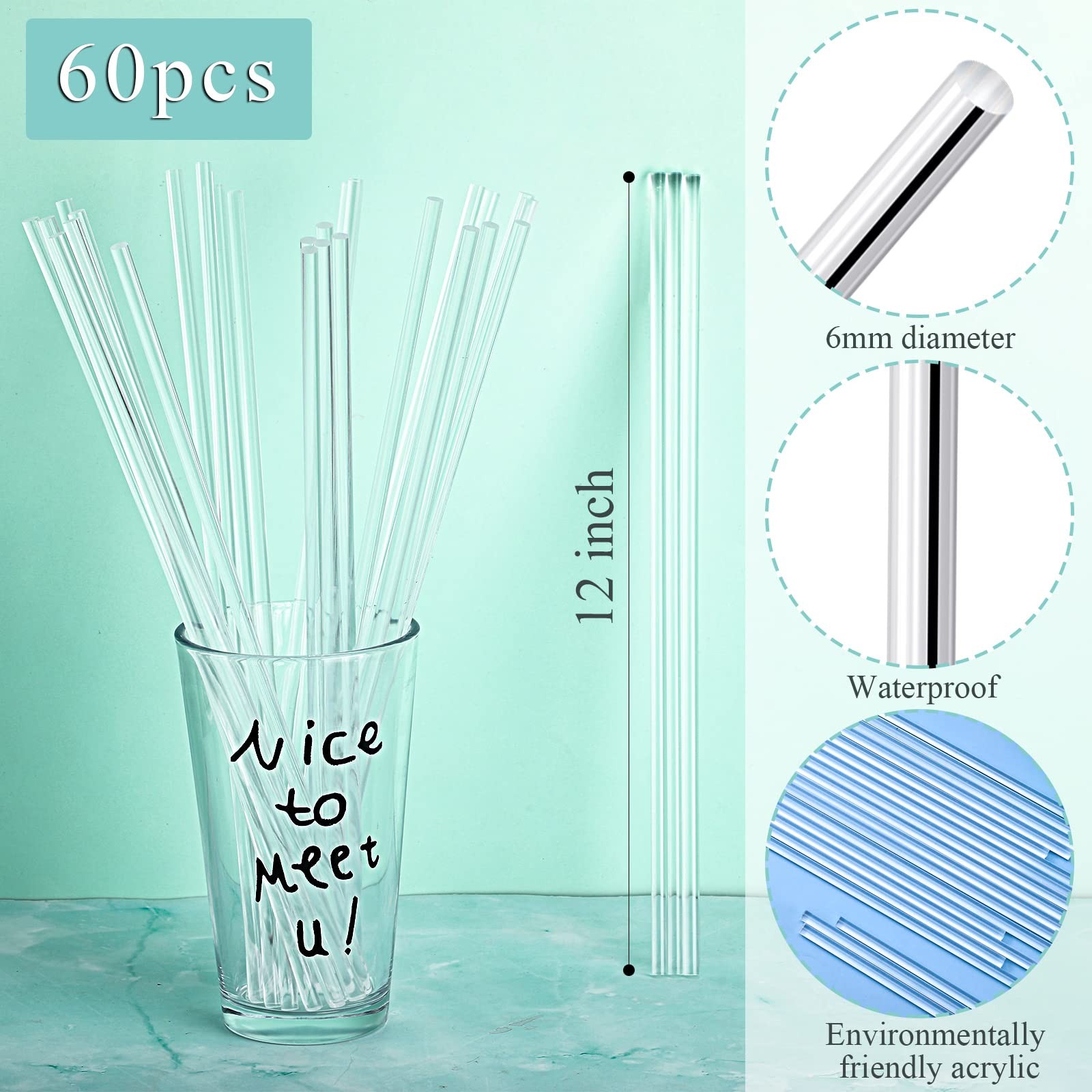 60 PCS Clear Acrylic Round Rods 12 Inch Dowel Sticks 0.25 Inch Dia Cake Topper