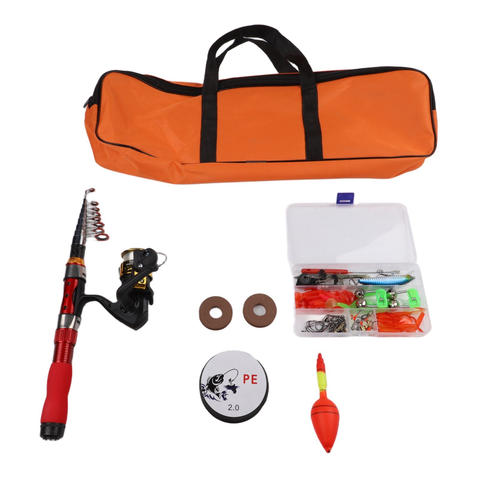 Portable Red Fishing Rod Set 1 to 2 Short Sea Pole with Hook Lures and Bag