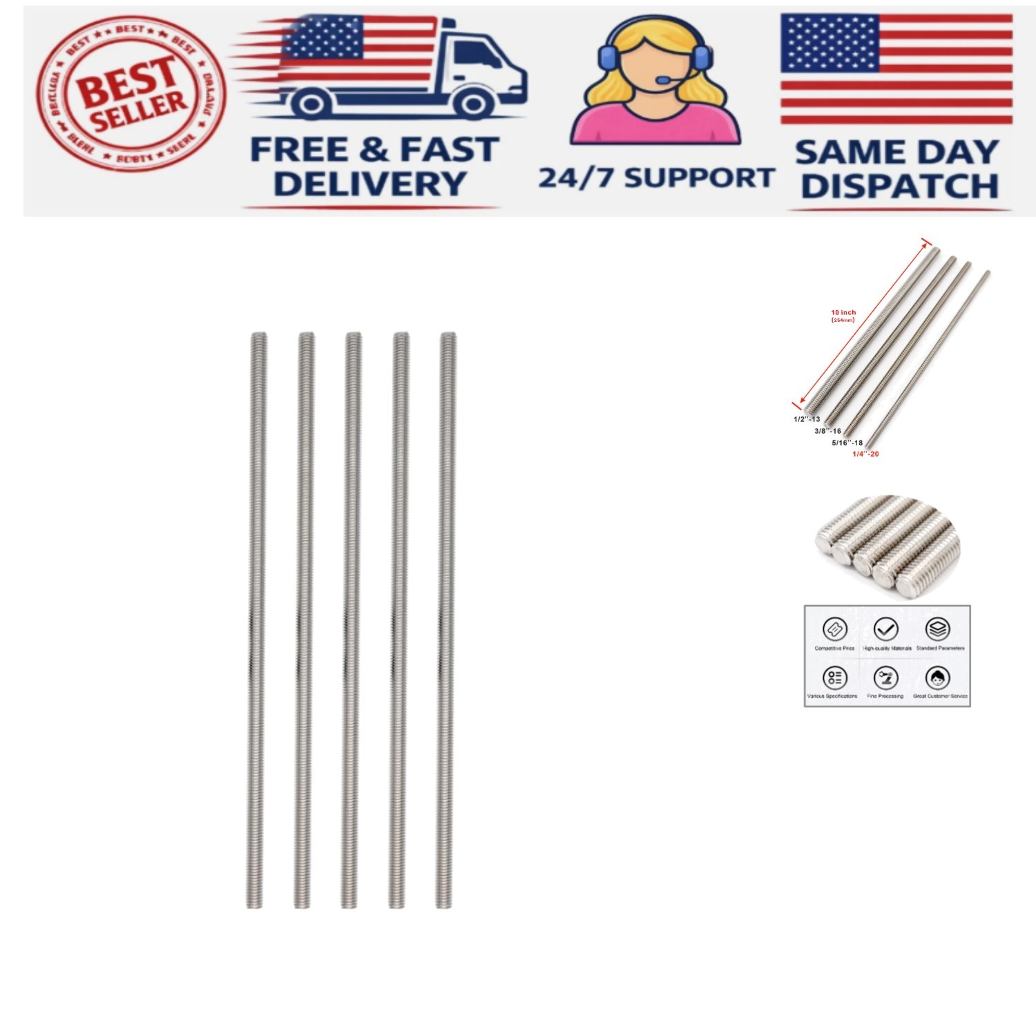 10″ Long 1/4″-20 Stainless Steel Threaded Studs – Rust & Corrosion Resistant