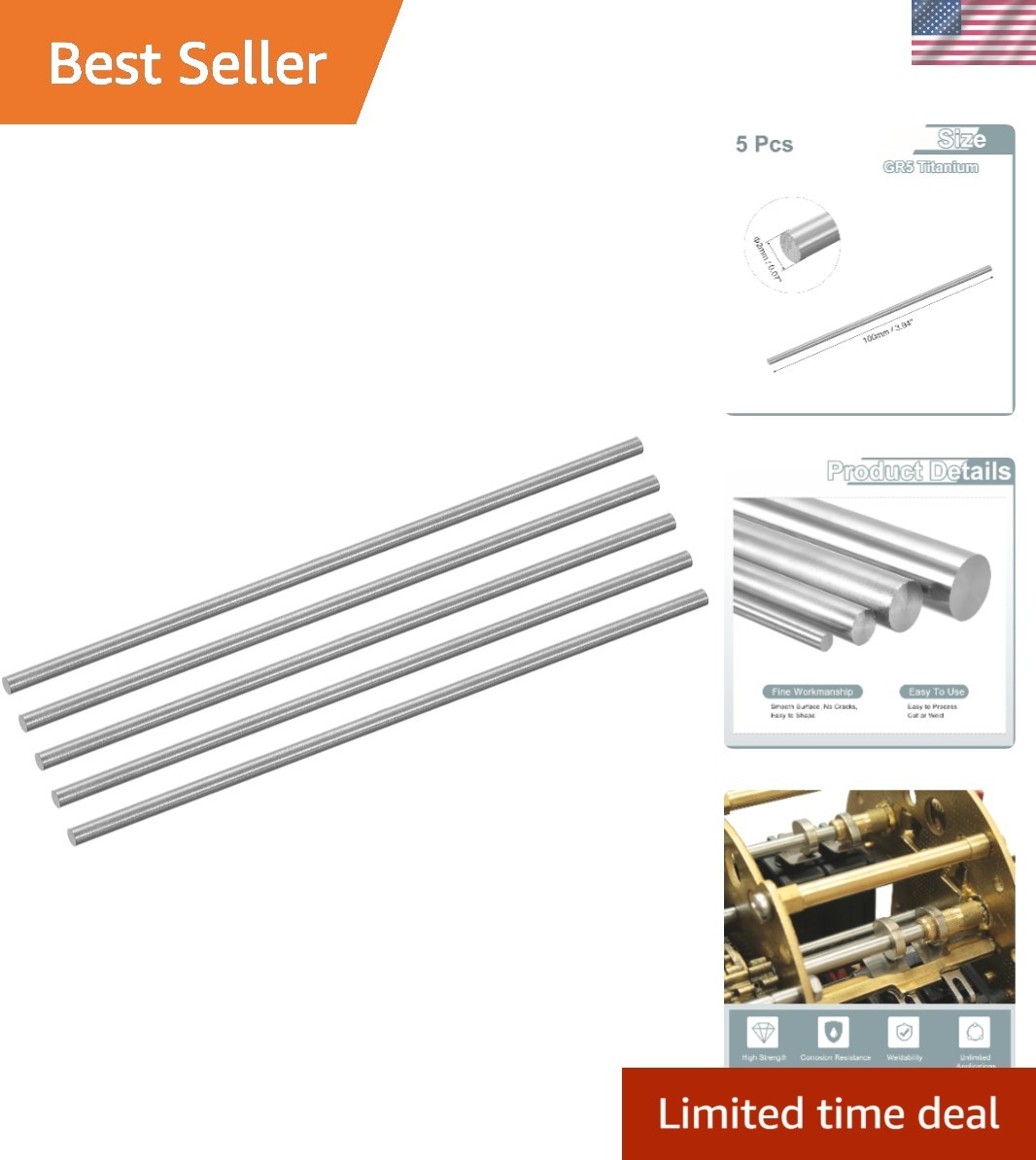 Set of 5 GR5 Titanium Round Bar Rods 2mm x 100mm | Versatile Metalworking Supply