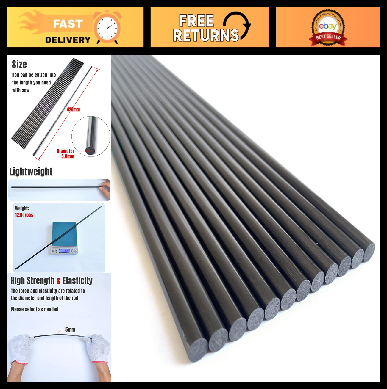 12pcs 5mm Carbon Fiber Rods 420mm Length Solid Tubes for DIY Projects, Lightweig