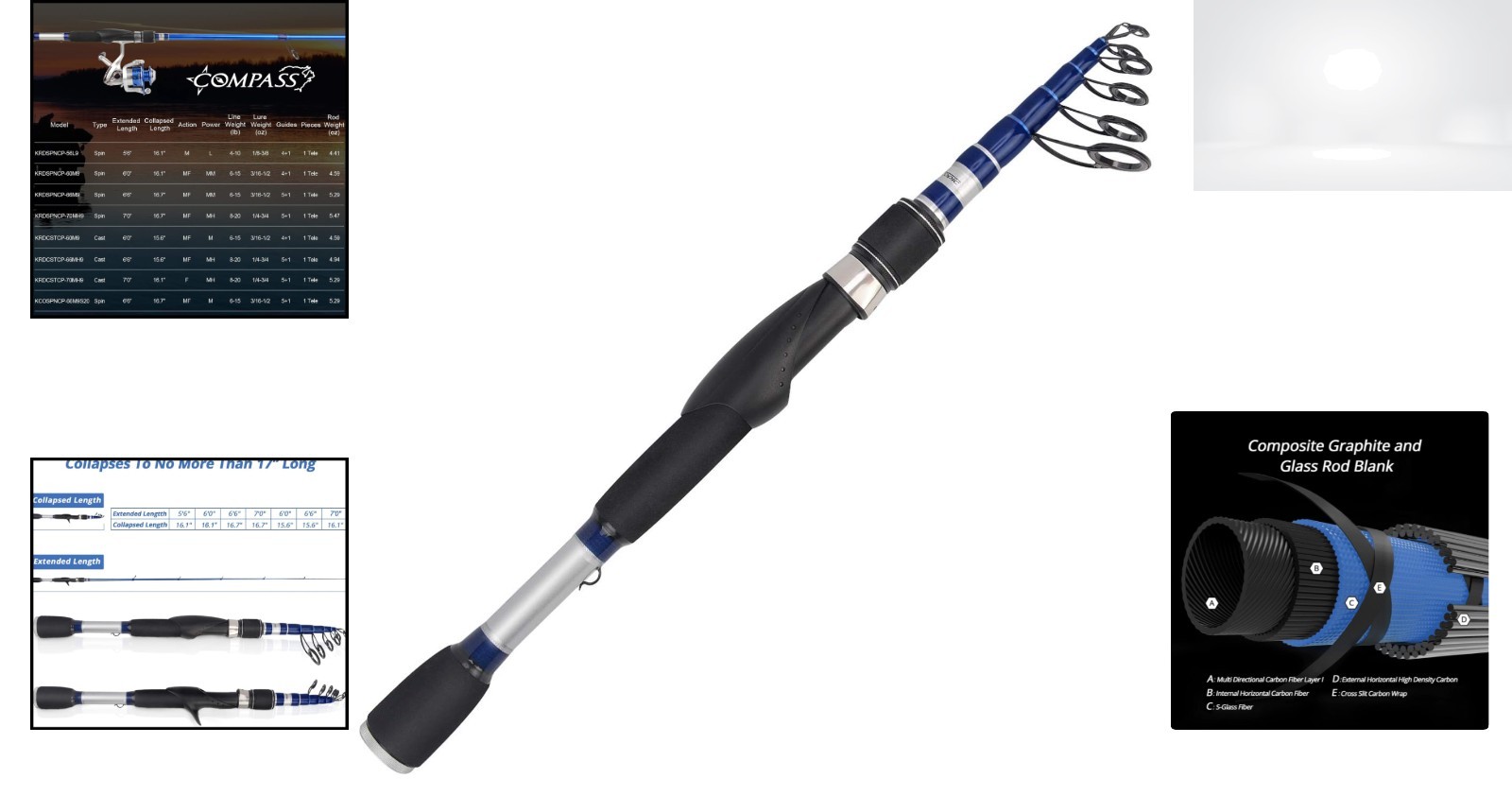 Telescopic Fishing Rod Combo 7ft Medium Heavy Spinning Reel Travel Portable 17in