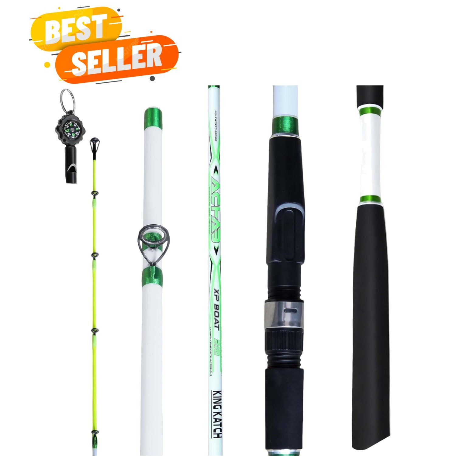 7’0″ White & Green Spinning Fishing Rod, Carbon Graphite Boat & Inshore Rod, …