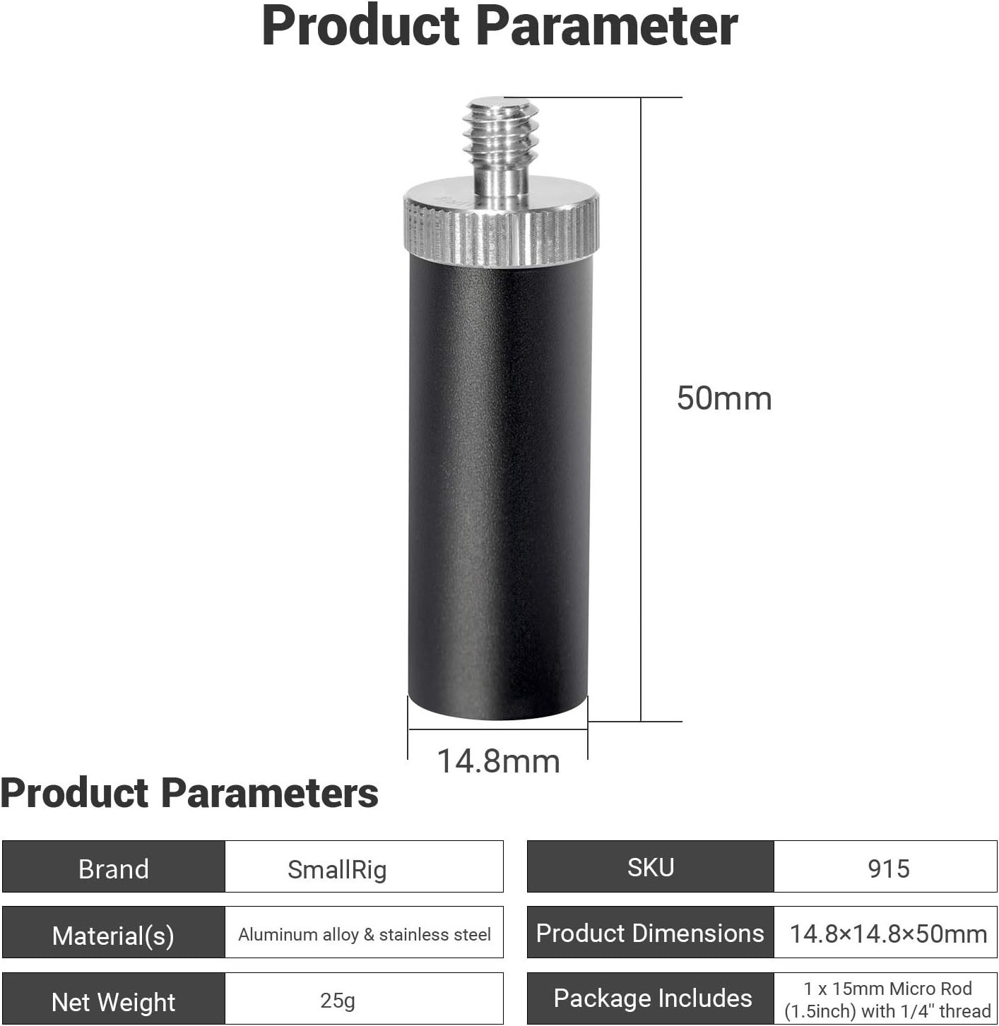 Compact 15mm Micro Rod 1.5 Inches with 1/4” Male & Female Threads for Cameras