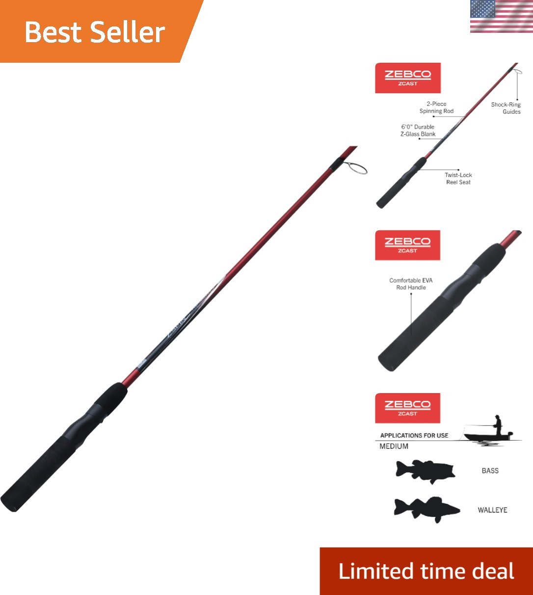 Professional 6′ Medium Power Z-Glass Spinning Rod for All Water Conditions