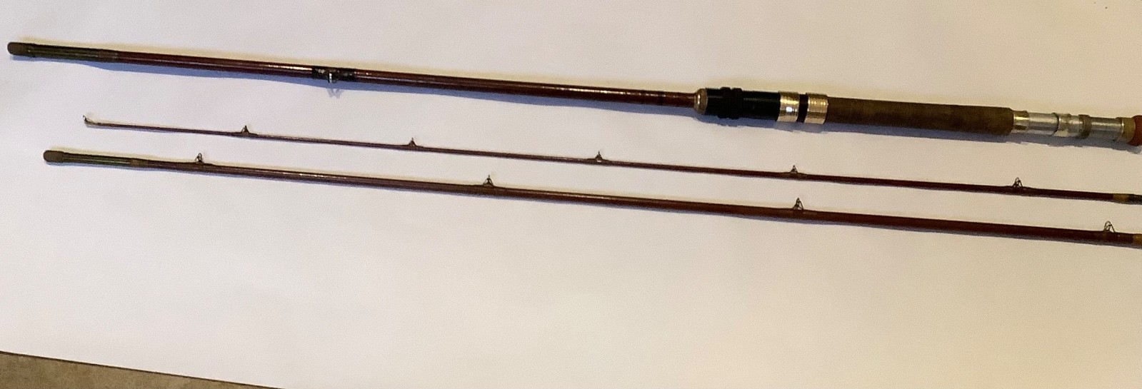 12 ft /Vintage fibreglass fishing rod in 3 pieces w/cork handle & cloth bag