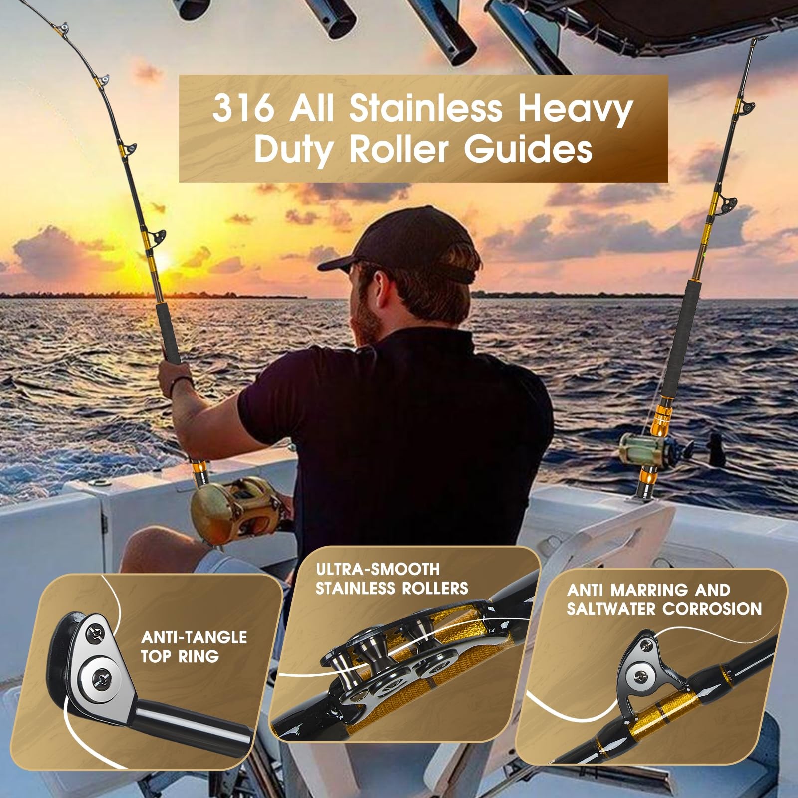 TRHUNTER Offshore Trolling Rod Saltwater Big Game 6’6” Bent, black and gold