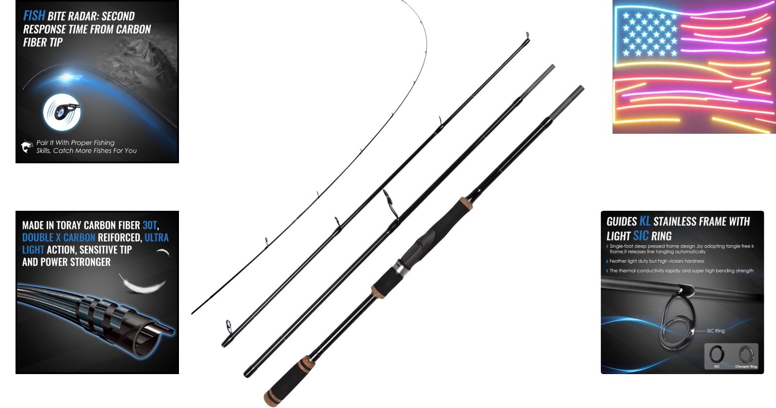 Eurasian Sports 30T Carbon Travel Spinning Rod – 4 Piece 6ft/7ft Portable Fis..,