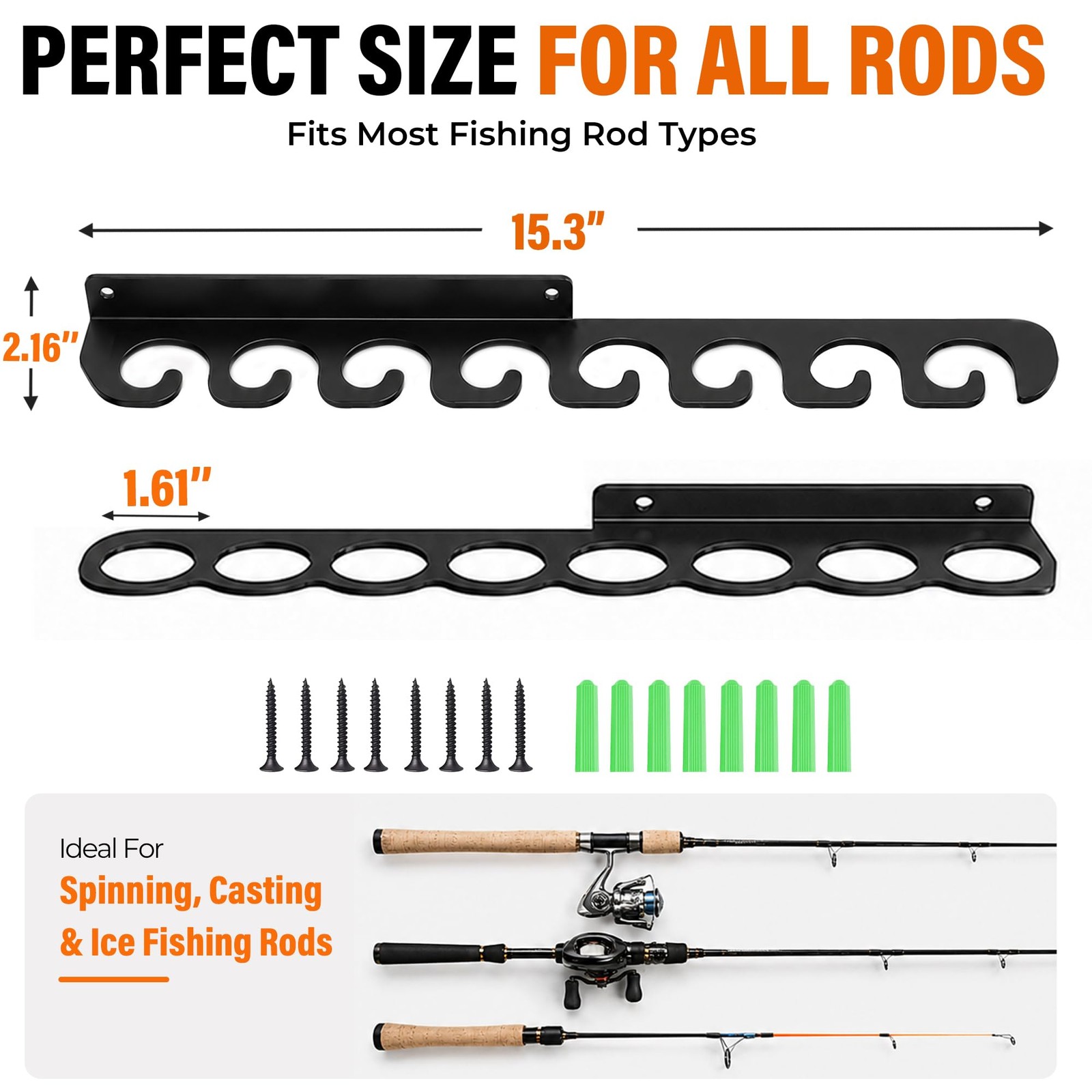 16 inches (D) x 2 (W) x 2 (H), Black- fishing rod hook-16