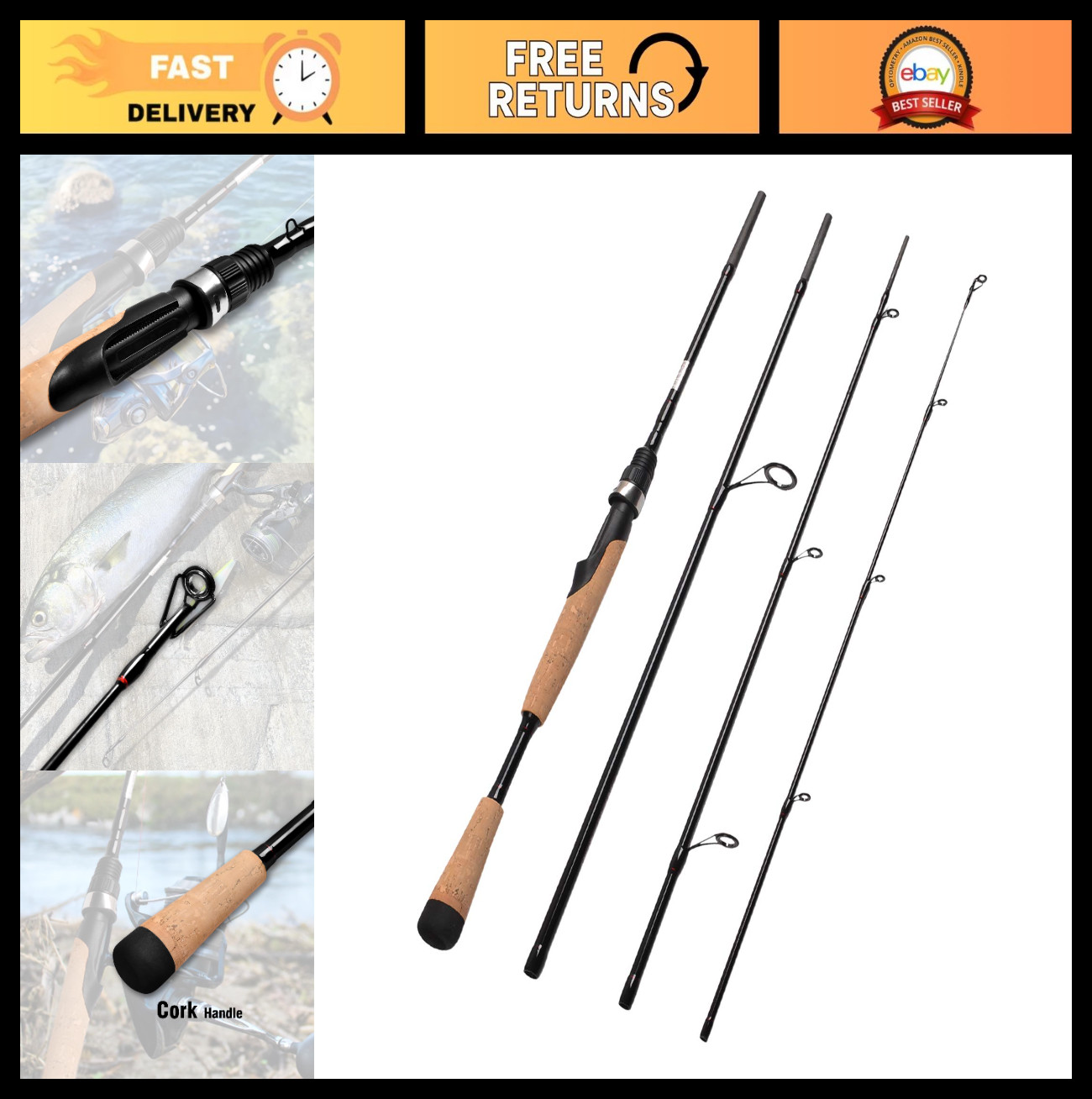 4-Piece Portable Travel Spinning Rod – Medium Carbon Fishing Rod for Anglers