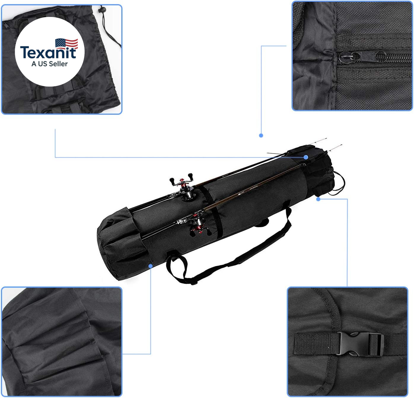 Durable Canvas Fishing Rod & Reel Organizer Bag Travel Carry Case Bag- Holds 5 P
