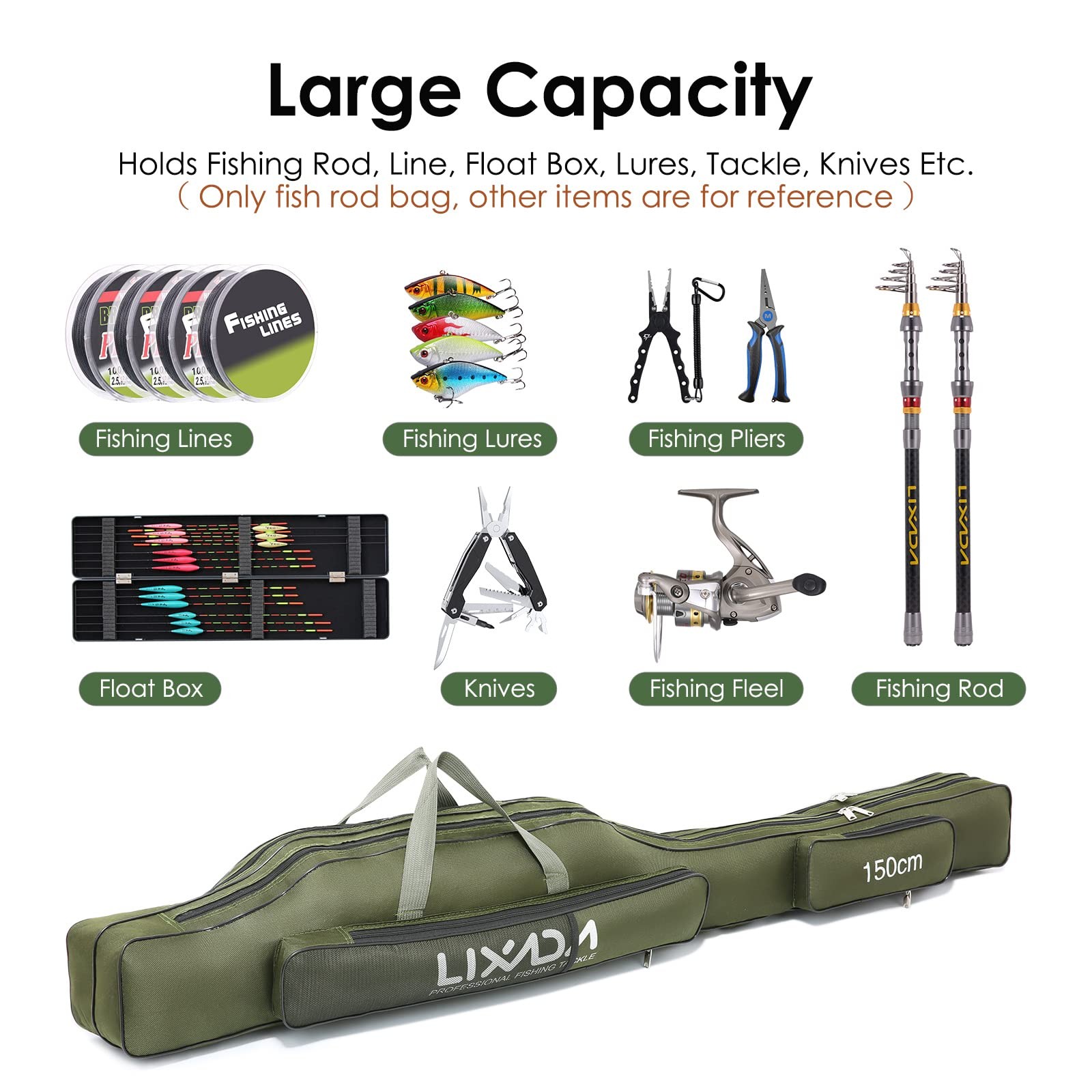 Lixada Fishing Rod Case Portable Folding Storage Bag Fishing Gear Organizer