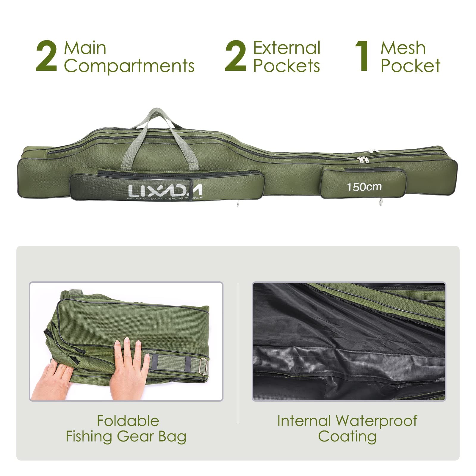 Lixada Fishing Rod Case Portable Folding Storage Bag Fishing Gear Organizer