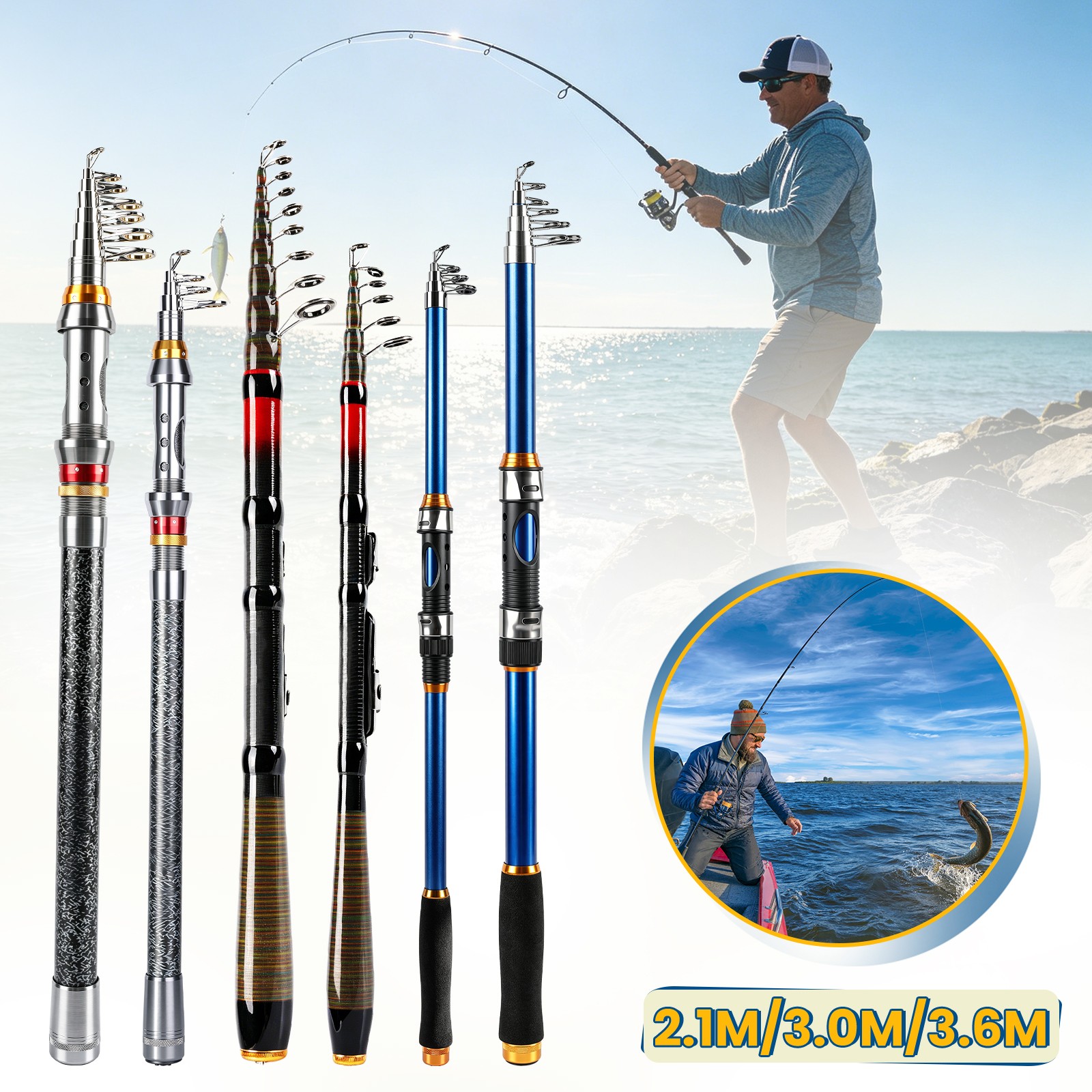 2.1-3.6M Carbon Fiber Telescopic Fishing Rod Pole Sea Saltwater And Freshwater