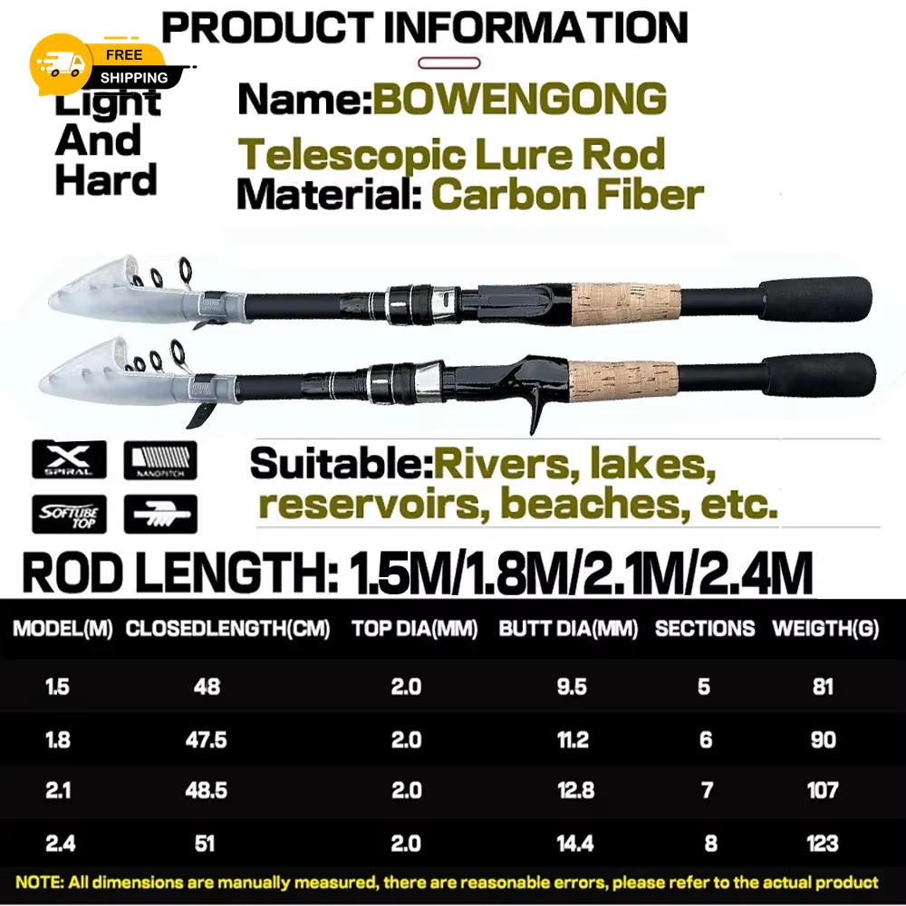 Lightweight Baitcasting Fishing Rod Telescopic 8g-25g Carbon Wooden Handle