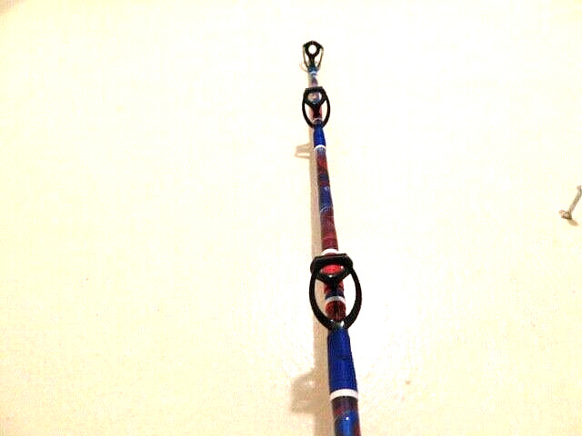 CUSTOM CONVENTIONAL BOAT ROD 7′ RED WHITE BLUE MARBLE 50-80 LB TURBOS NEW