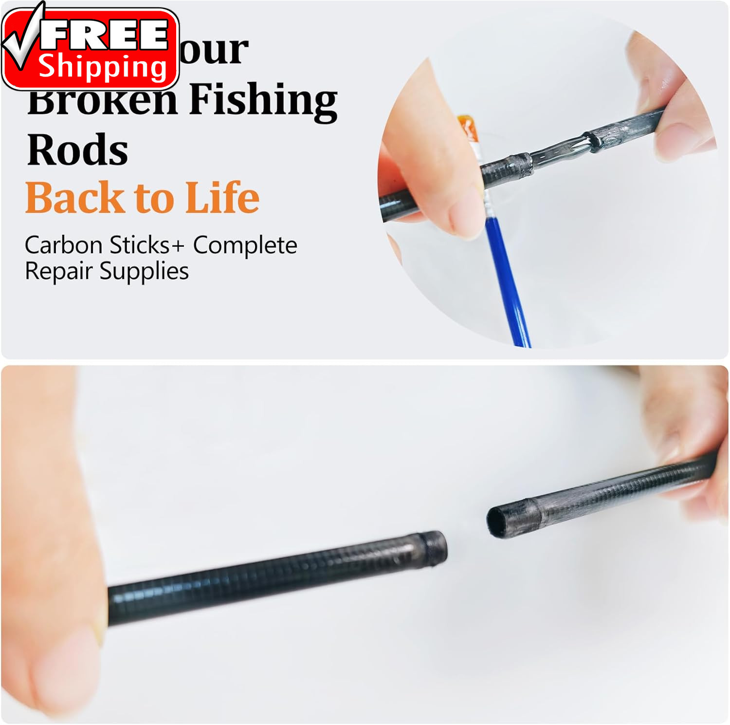 Fishing Rod Repair Kit Complete with Accesssories, Carbon Fiber Stick Fishing Po