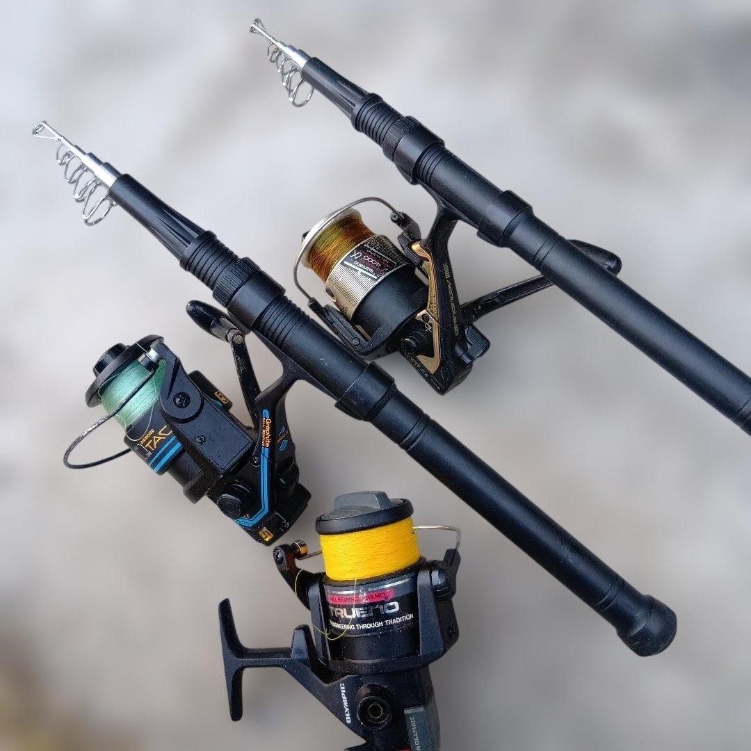 TACKLE 1.0 Fishing Rod Set of 2, Black + Green and Gold Reels, Used