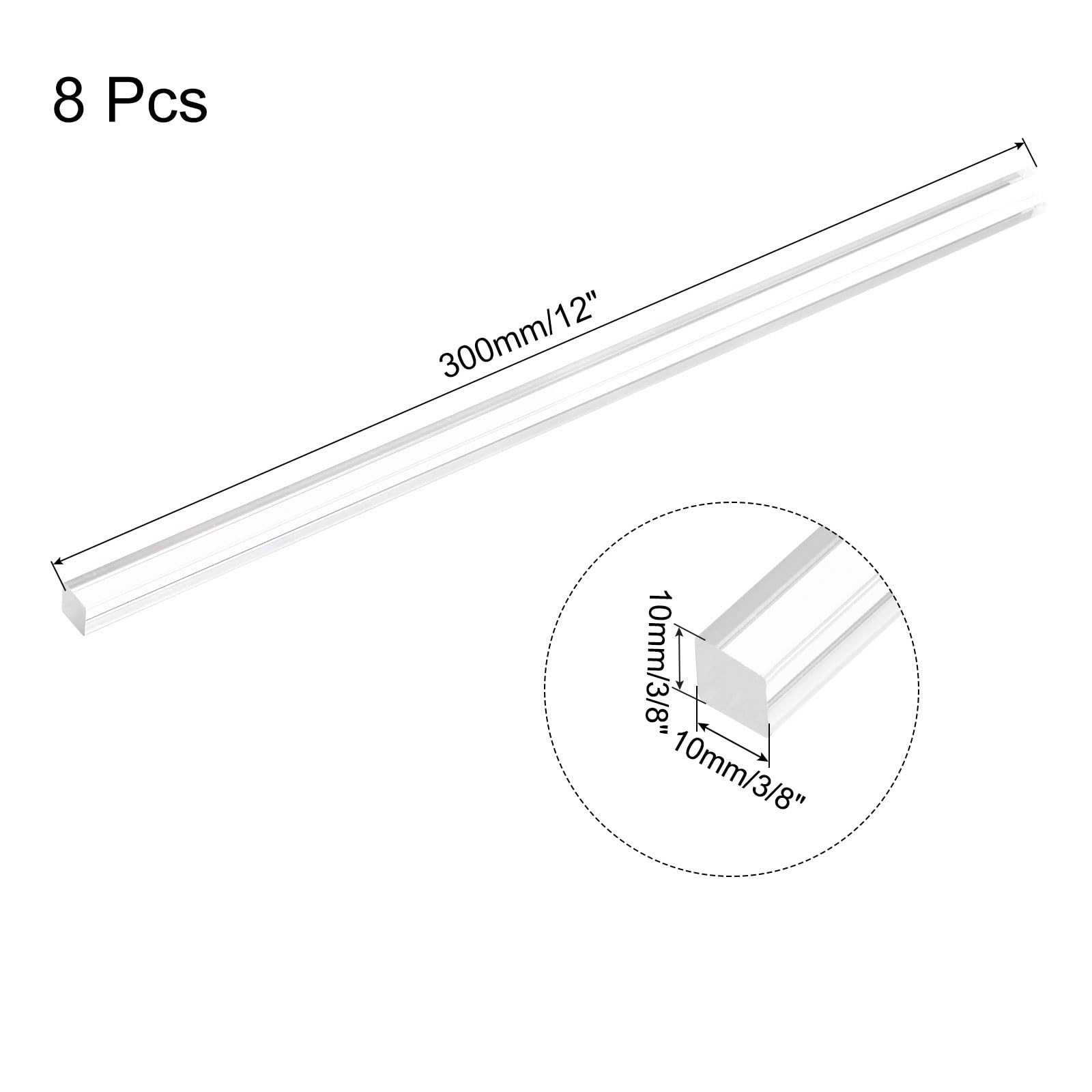 8 PCS Clear Acrylic Square Dowel Rods 3/8 x 12 Inch 10x300mm Plastic Sticks
