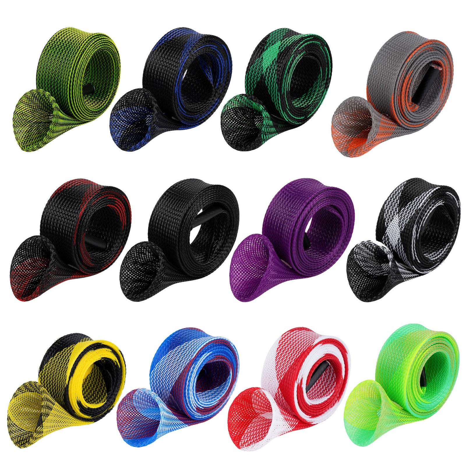6.5 feet, black, purple, red/white and blue, gray orange, black white, gree