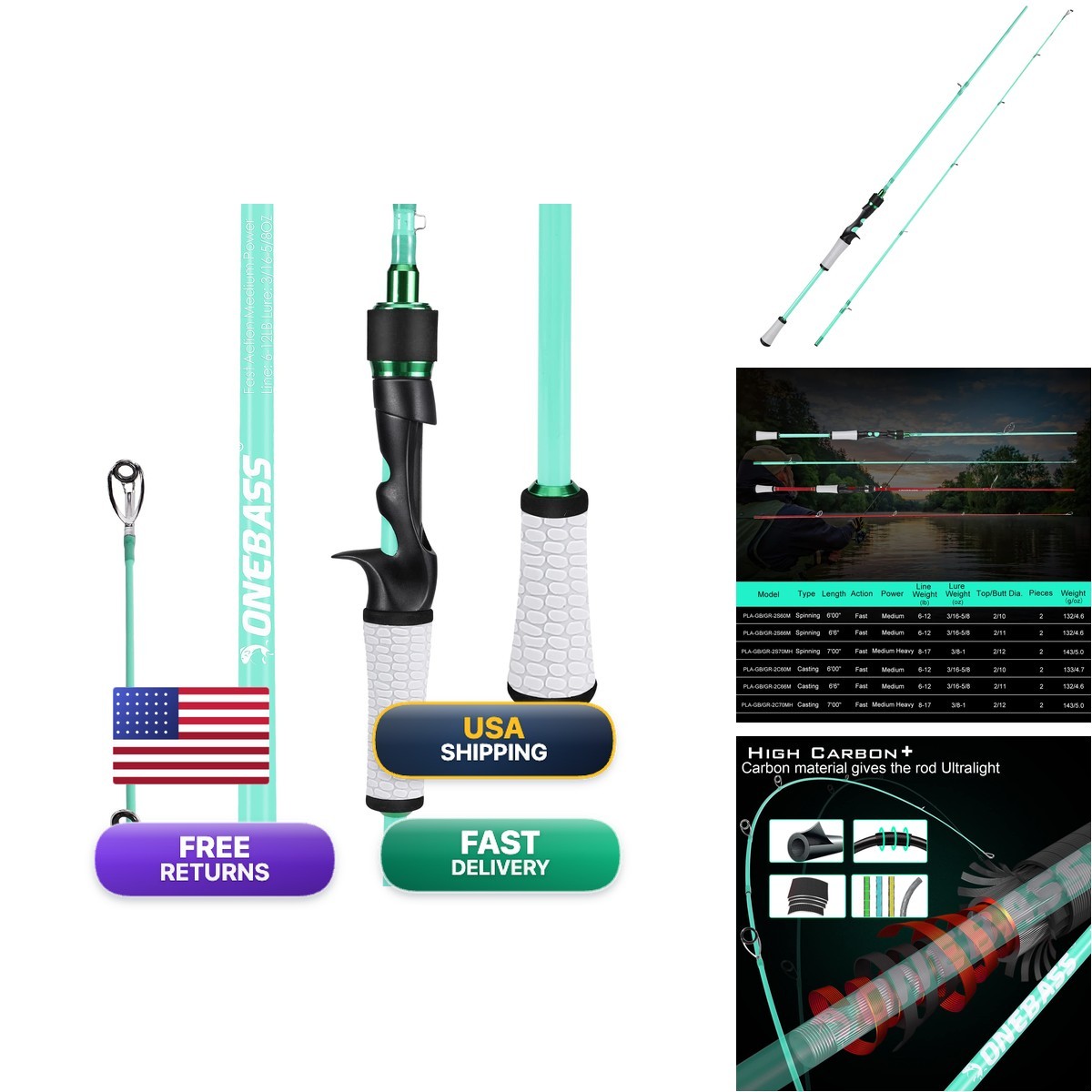One Bass Fishing Rod Fishing Pole 30 Ton Carbon Fiber-7 Blue
