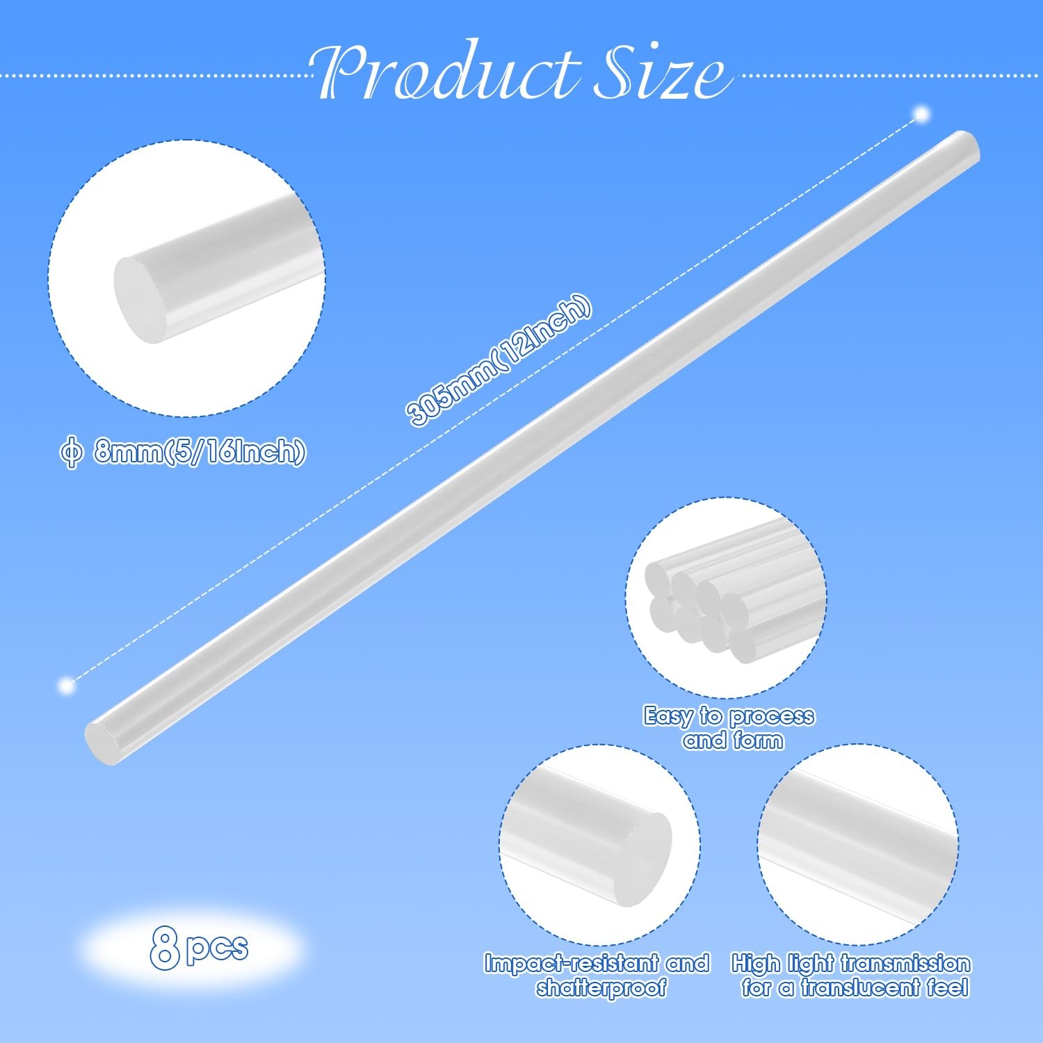 8 PCS 12 Inch 5/16 Inch Diameter Clear Acrylic Dowel Rods Sticks DIY Crafts