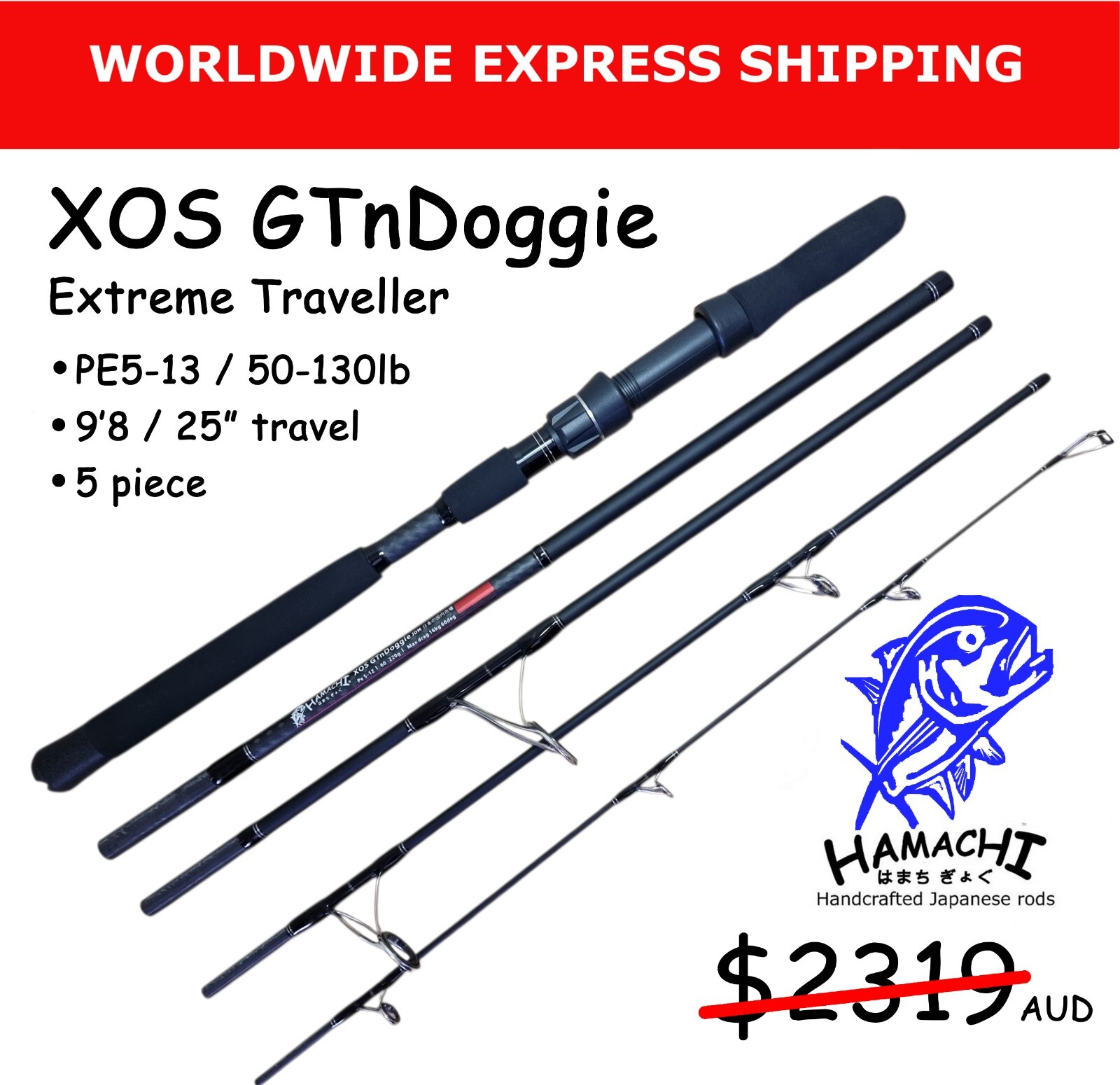2025 Hamachi XOS GT’n’Doggie 50 – 130lb Popper 9’6 – 5 piece travel fishing rod